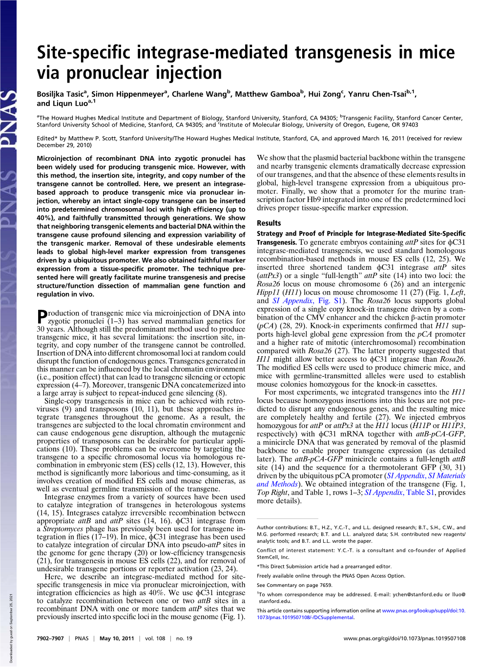 Site-Specific Integrase-Mediated Transgenesis in Mice Via Pronuclear