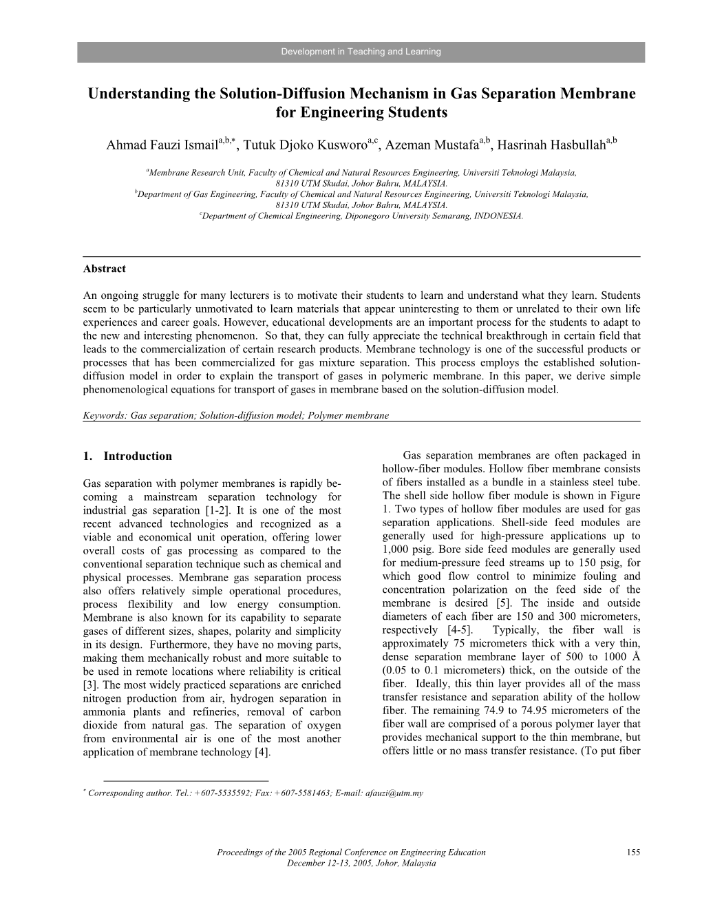 Understanding the Solution-Diffusion Mechanism in Gas Separation Membrane for Engineering Students