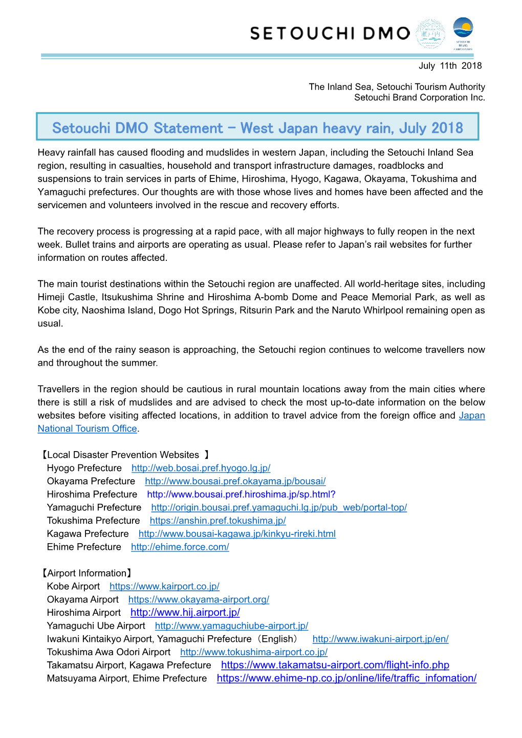 Setouchi DMO Statement – West Japan Heavy Rain, July 2018