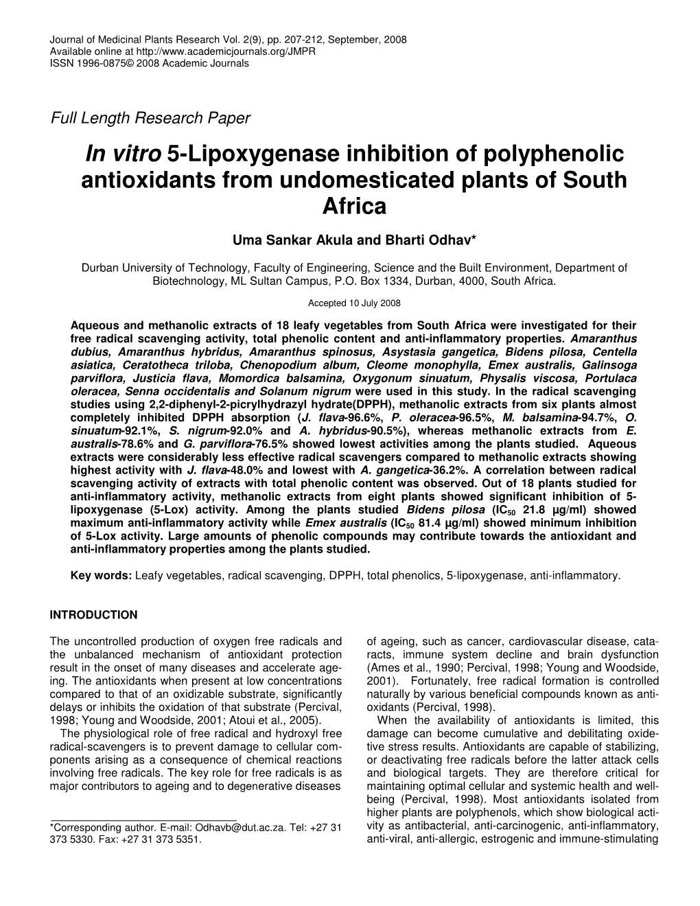 In Vitro 5-Lipoxygenase Inhibition of Polyphenolic Antioxidants from Undomesticated Plants of South Africa