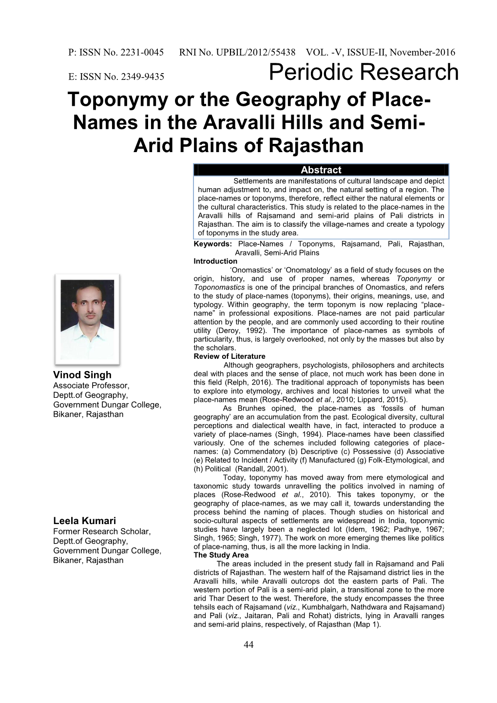 Names in the Aravalli Hills and Semi- Arid Plains of Rajasthan
