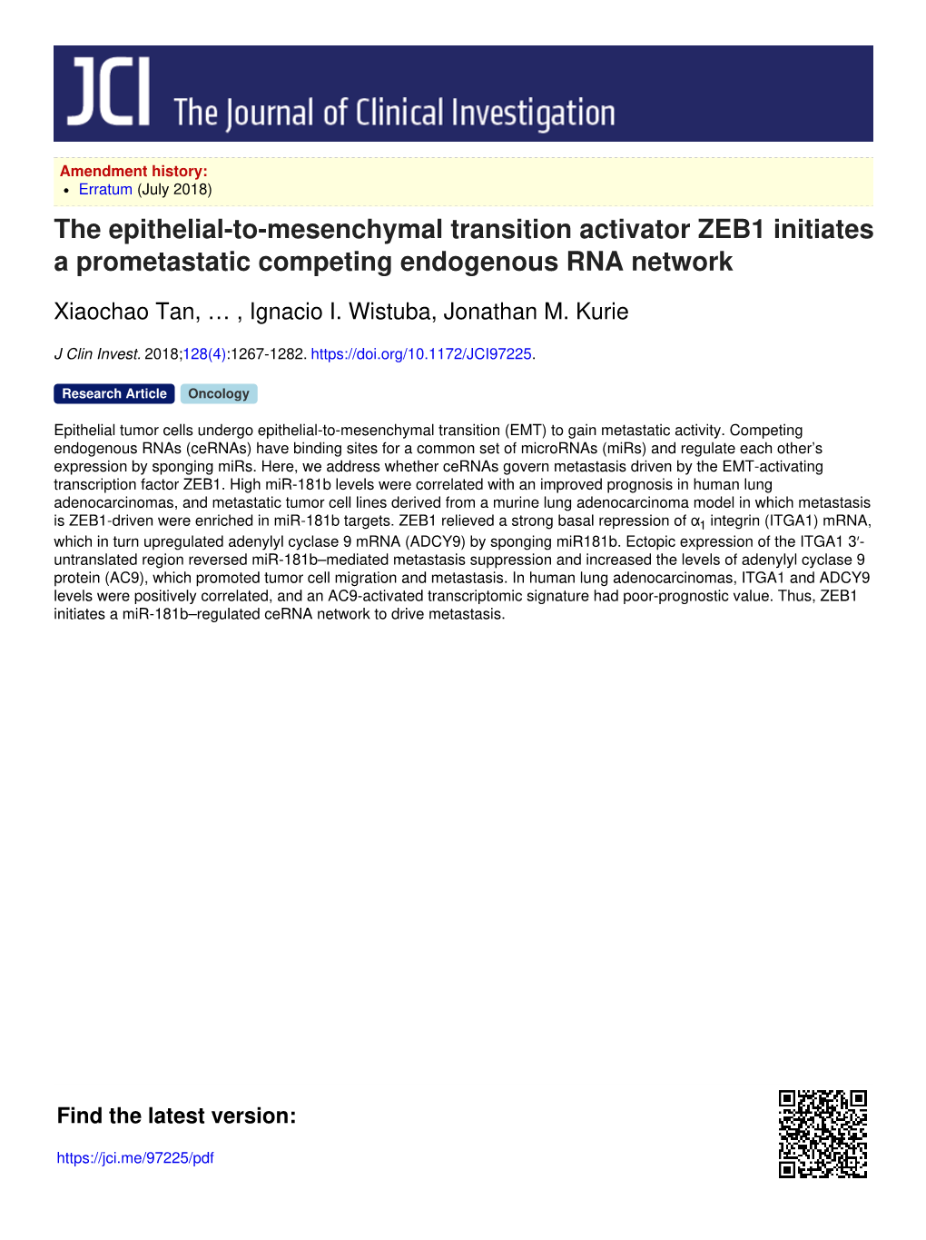 The Epithelial-To-Mesenchymal Transition Activator ZEB1 Initiates a Prometastatic Competing Endogenous RNA Network
