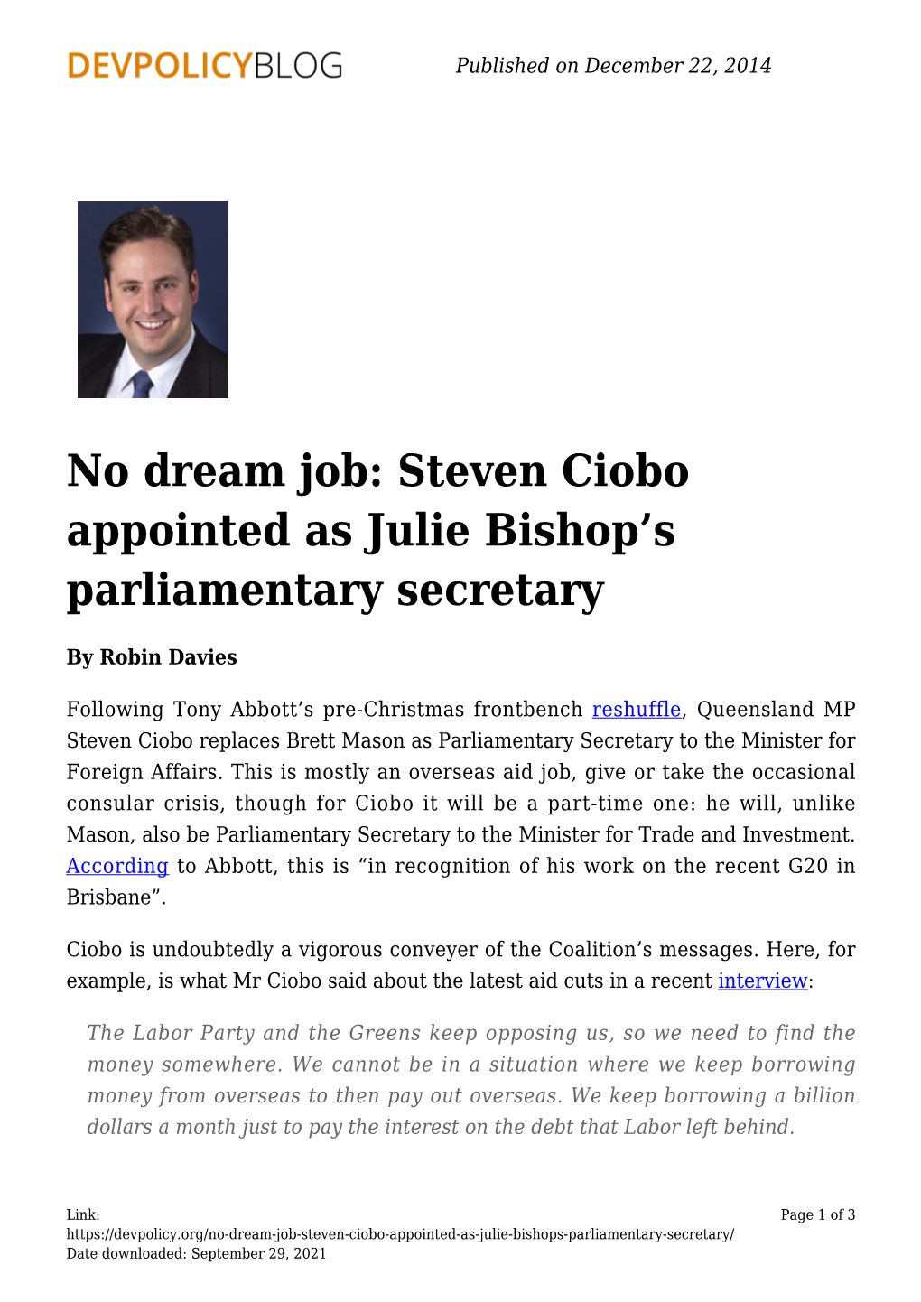 No Dream Job: Steven Ciobo Appointed As Julie Bishop’S