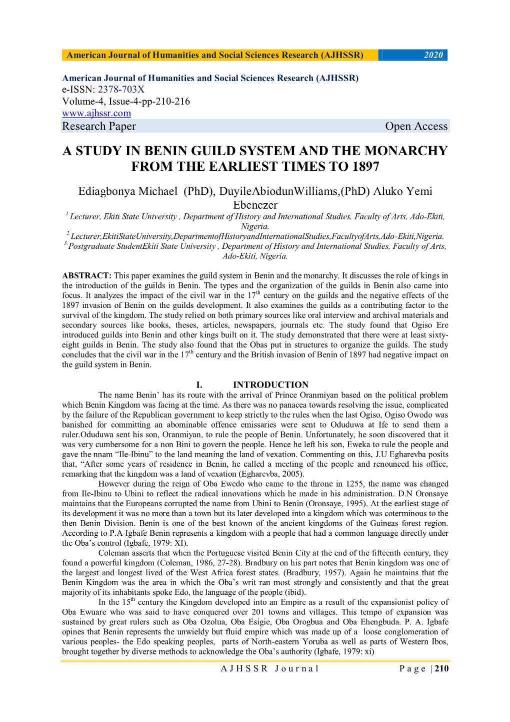 A Study in Benin Guild System and the Monarchy from the Earliest Times to 1897