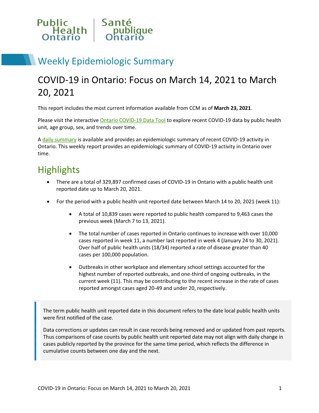 COVID-19 in Ontario: Focus on March 14, 2021 to March 20, 2021