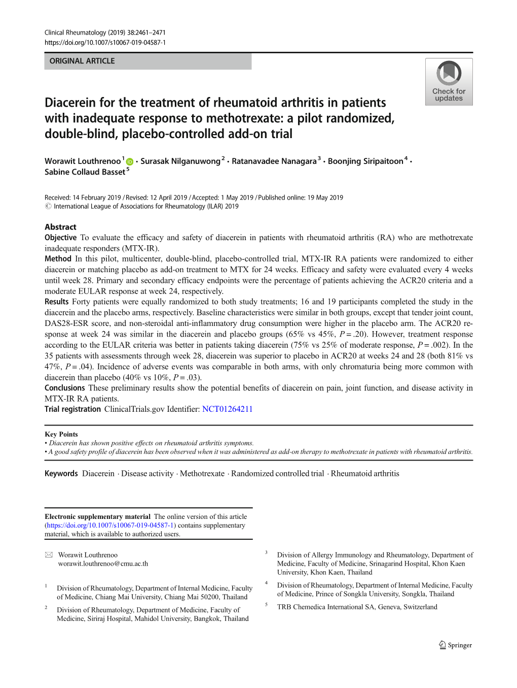 Diacerein for the Treatment of Rheumatoid Arthritis in Patients With