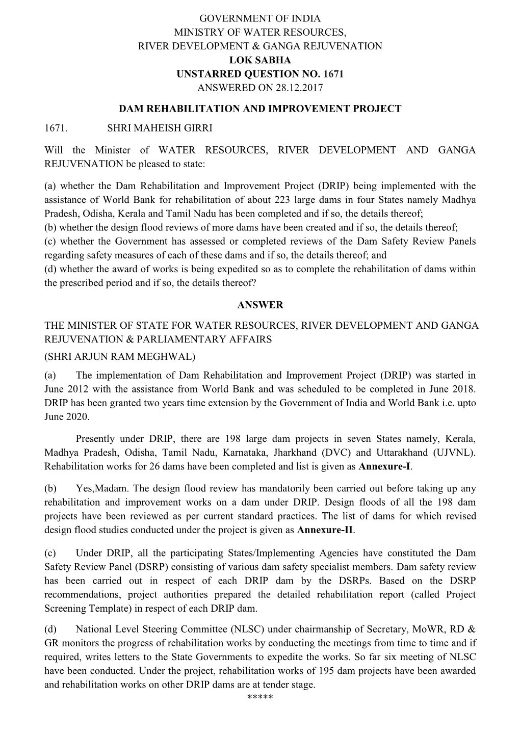 Government of India Ministry of Water Resources, River Development & Ganga Rejuvenation Lok Sabha Unstarred Question No