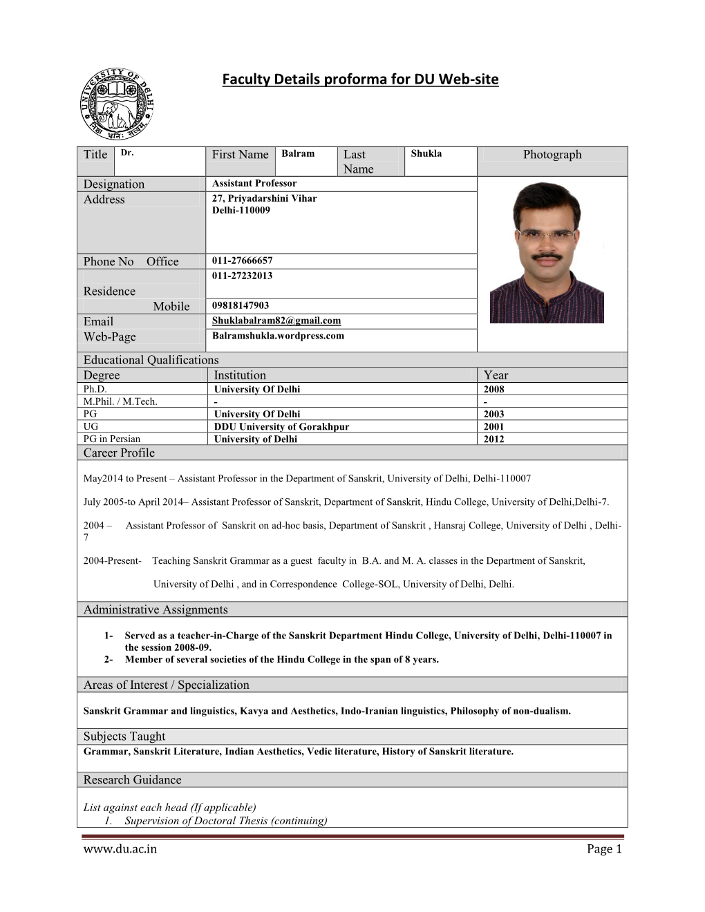 Faculty Details Proforma for DU Web-Site