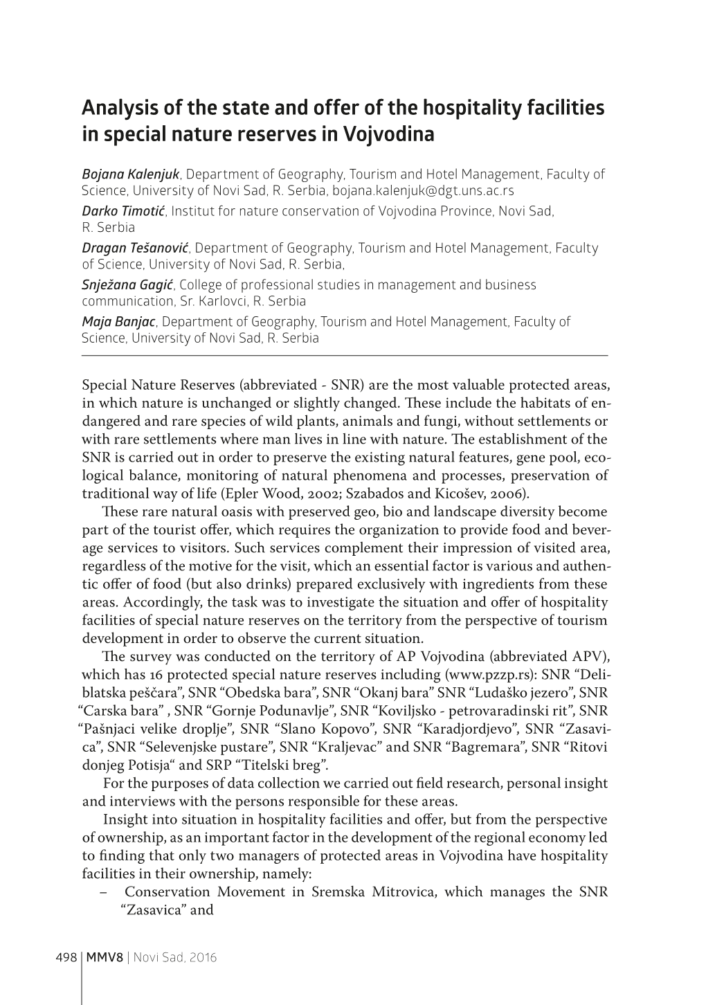 Analysis of the State and Offer of the Hospitality Facilities in Special Nature Reserves in Vojvodina