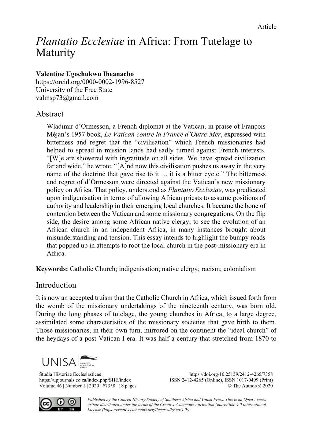 Plantatio Ecclesiae in Africa: from Tutelage to Maturity