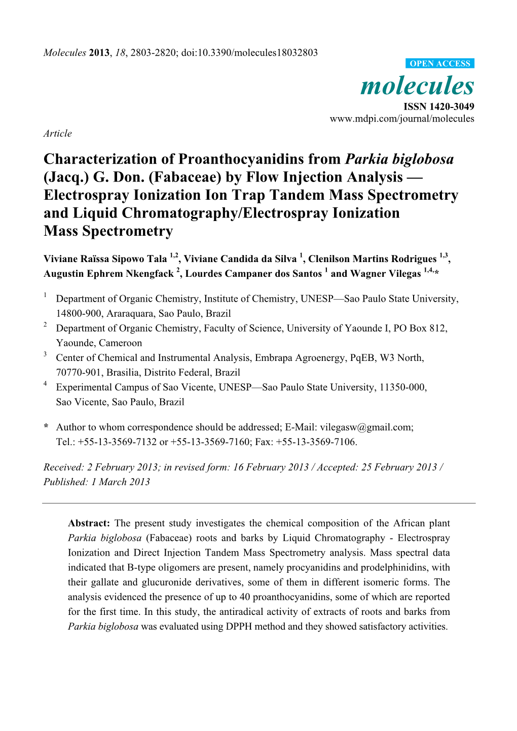 Characterization of Proanthocyanidins from Parkia Biglobosa (Jacq.) G