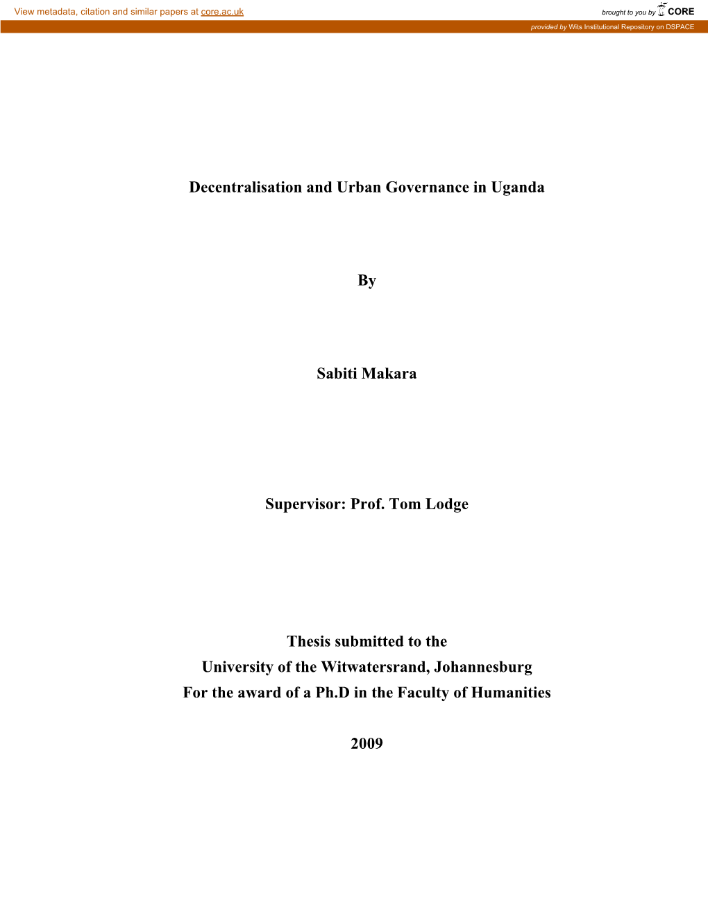 Chapter 1: Background to the Study: Decentralisation and Urban Governance