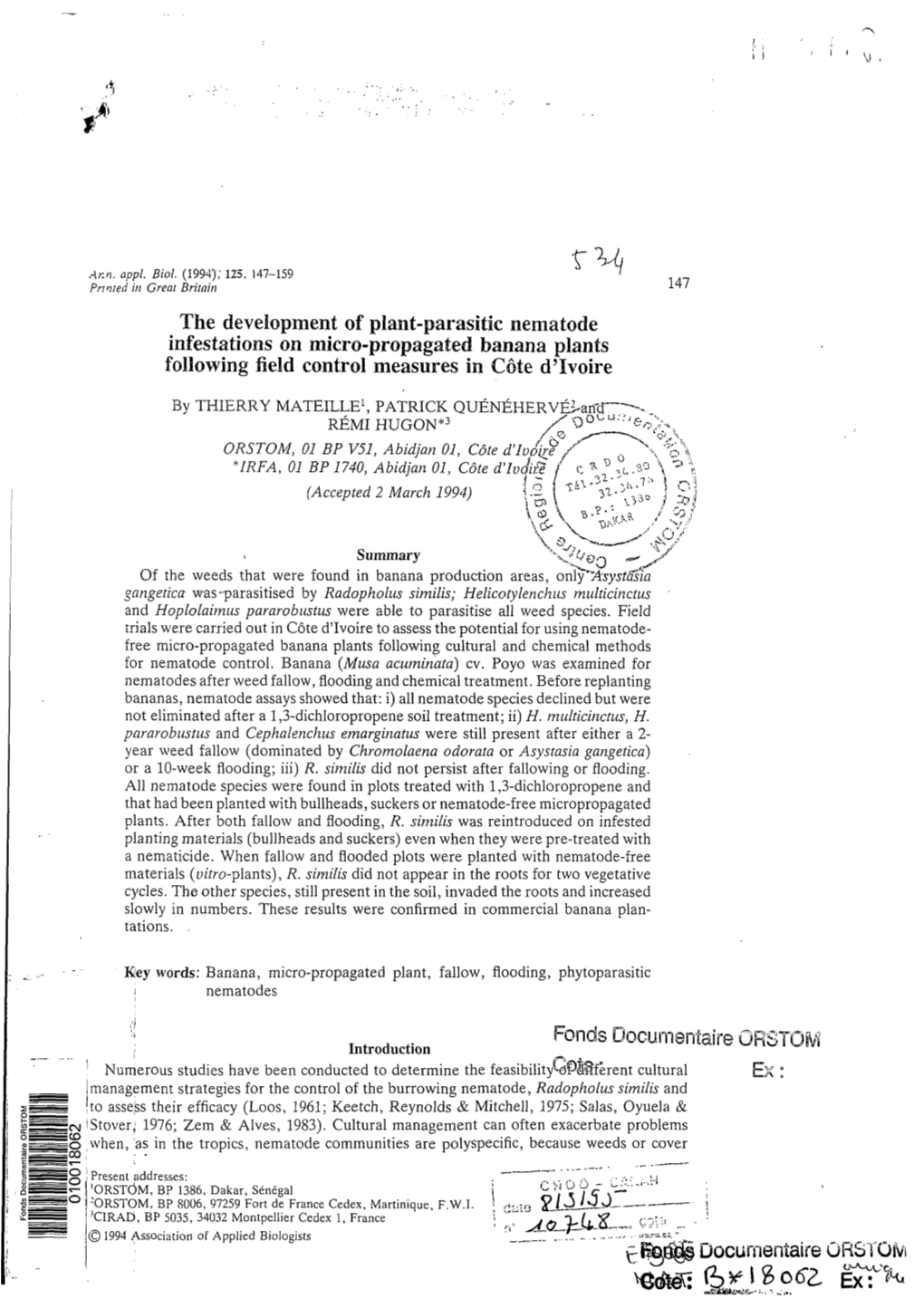 The Development of Plant-Parasitic Nematode Infestations on Micro-Propagated Banana Plants Following Field Control Measures in C8te D’Ivoire