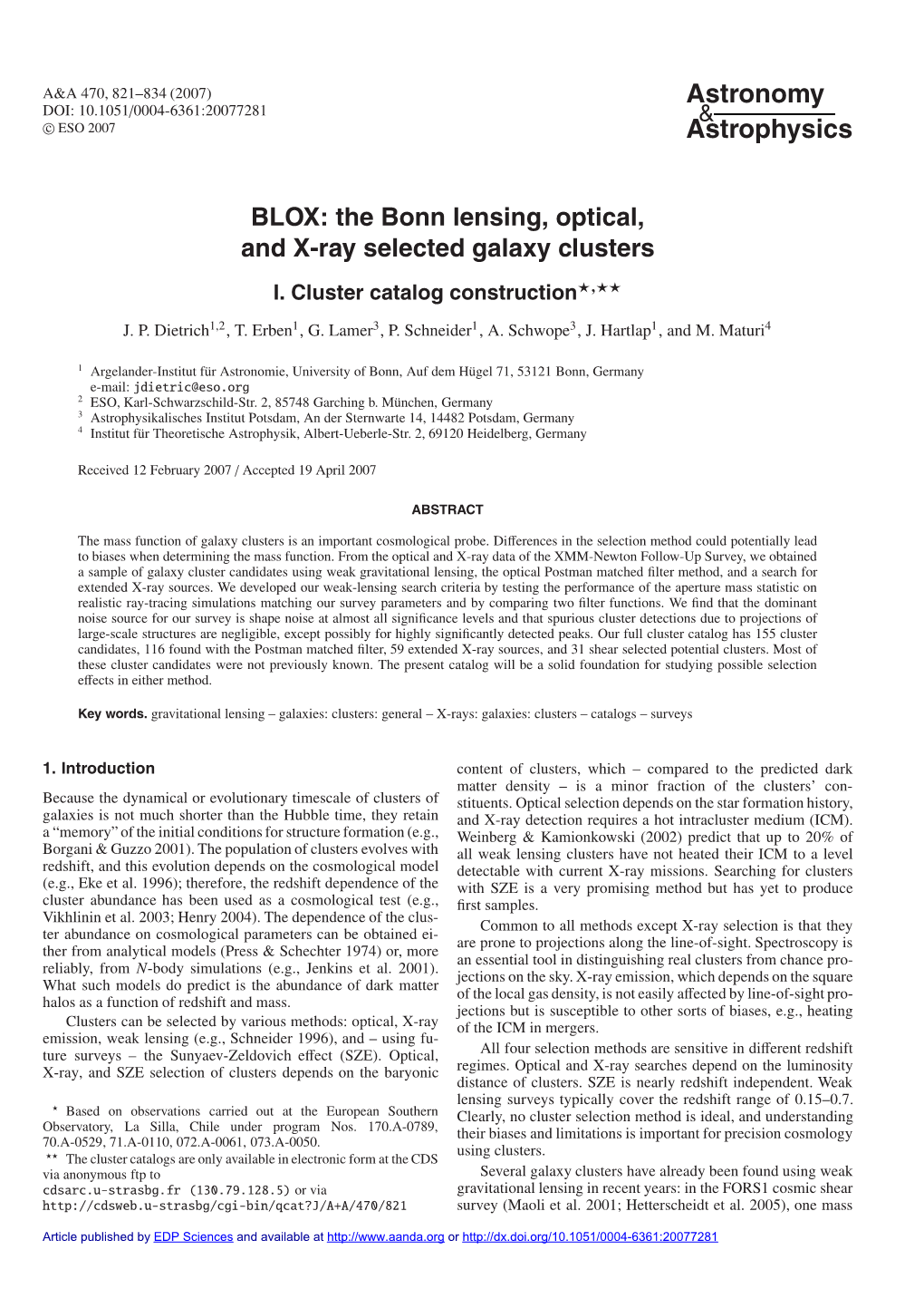 BLOX: the Bonn Lensing, Optical, and X-Ray Selected Galaxy Clusters I