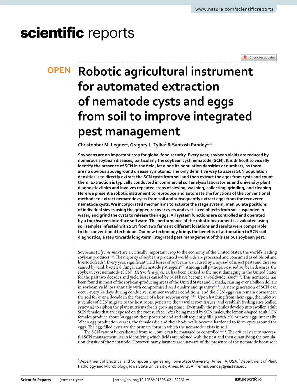 Robotic Agricultural Instrument for Automated Extraction of Nematode Cysts and Eggs from Soil to Improve Integrated Pest Management Christopher M