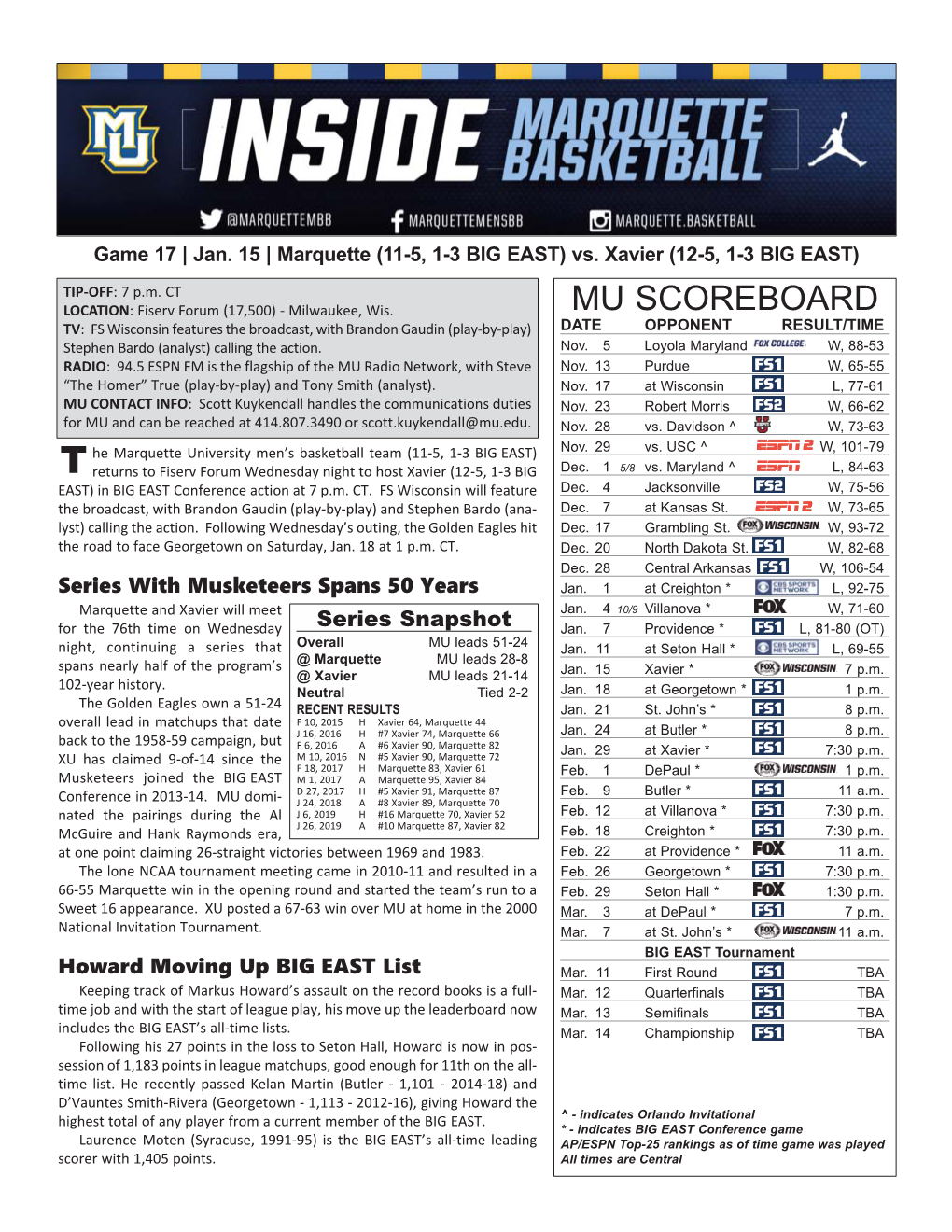 Marquette Game Notes Page 2 INJURY REPORT LAST GAME STARTERS Player (Injury) Status NAME POS