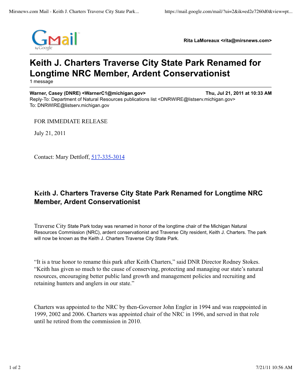 Keith J. Charters Traverse City State Park Renamed for Longtime NRC Member, Ardent Conservationist 1 Message