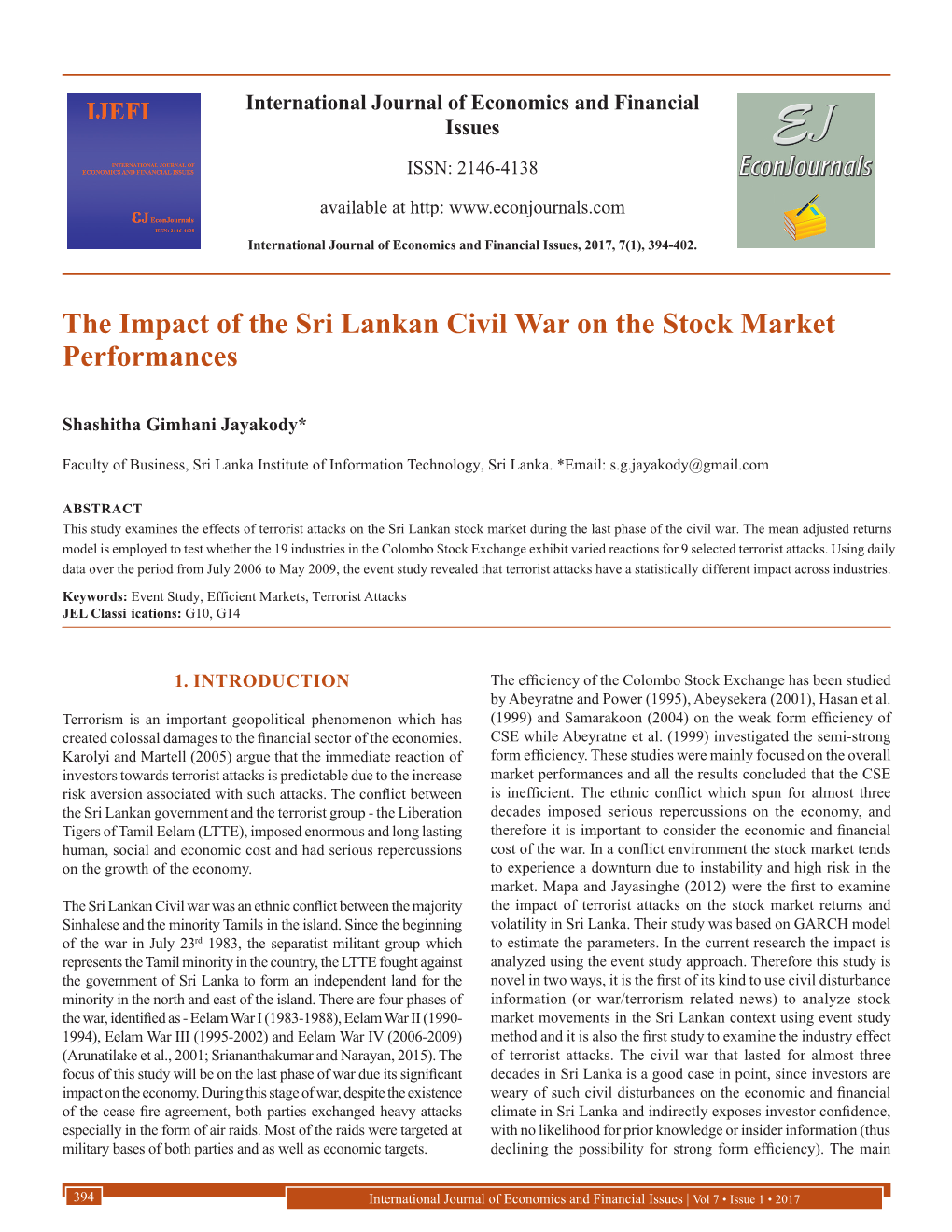 The Impact of the Sri Lankan Civil War on the Stock Market Performances