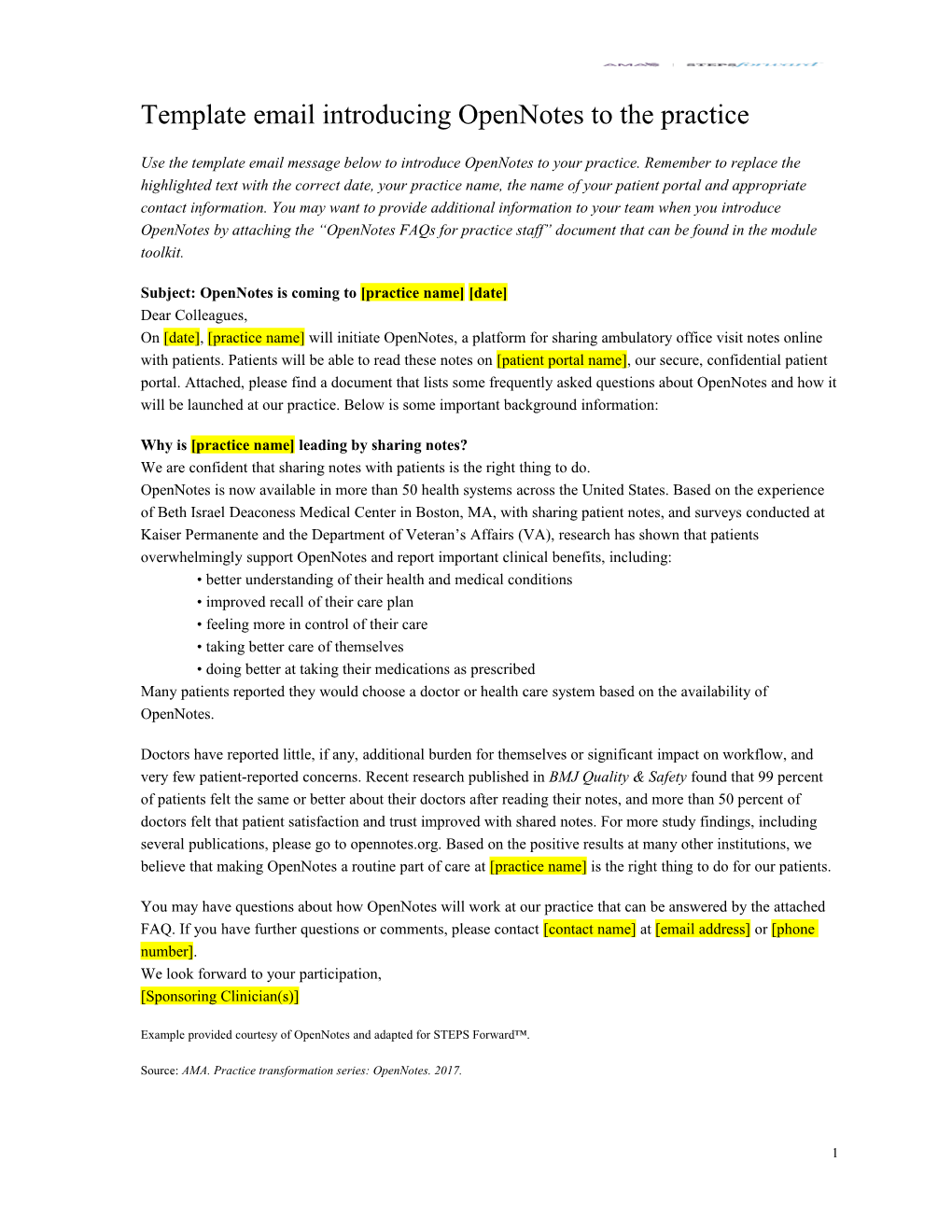 Template Email Introducing Opennotes to the Practice