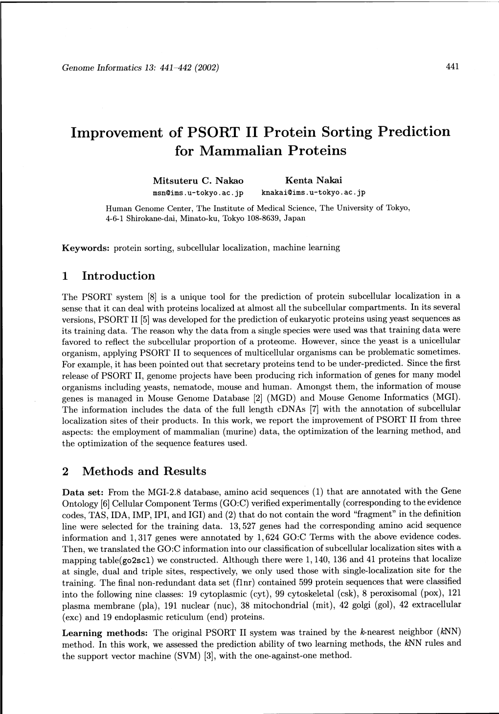 Improvement of PSORT II Protein Sorting Prediction for Mammalian Proteins