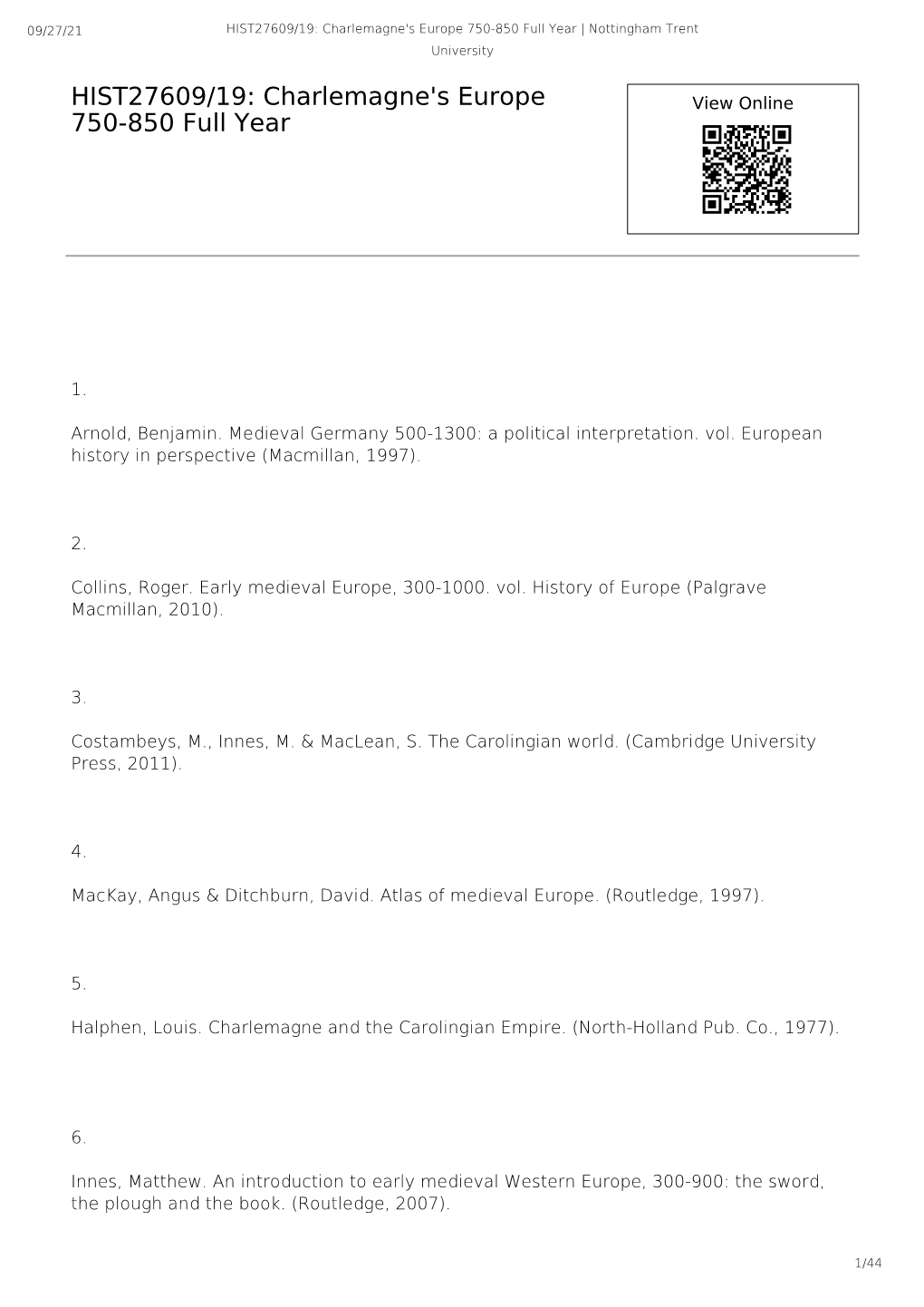 Charlemagne's Europe 750-850 Full Year | Nottingham Trent University