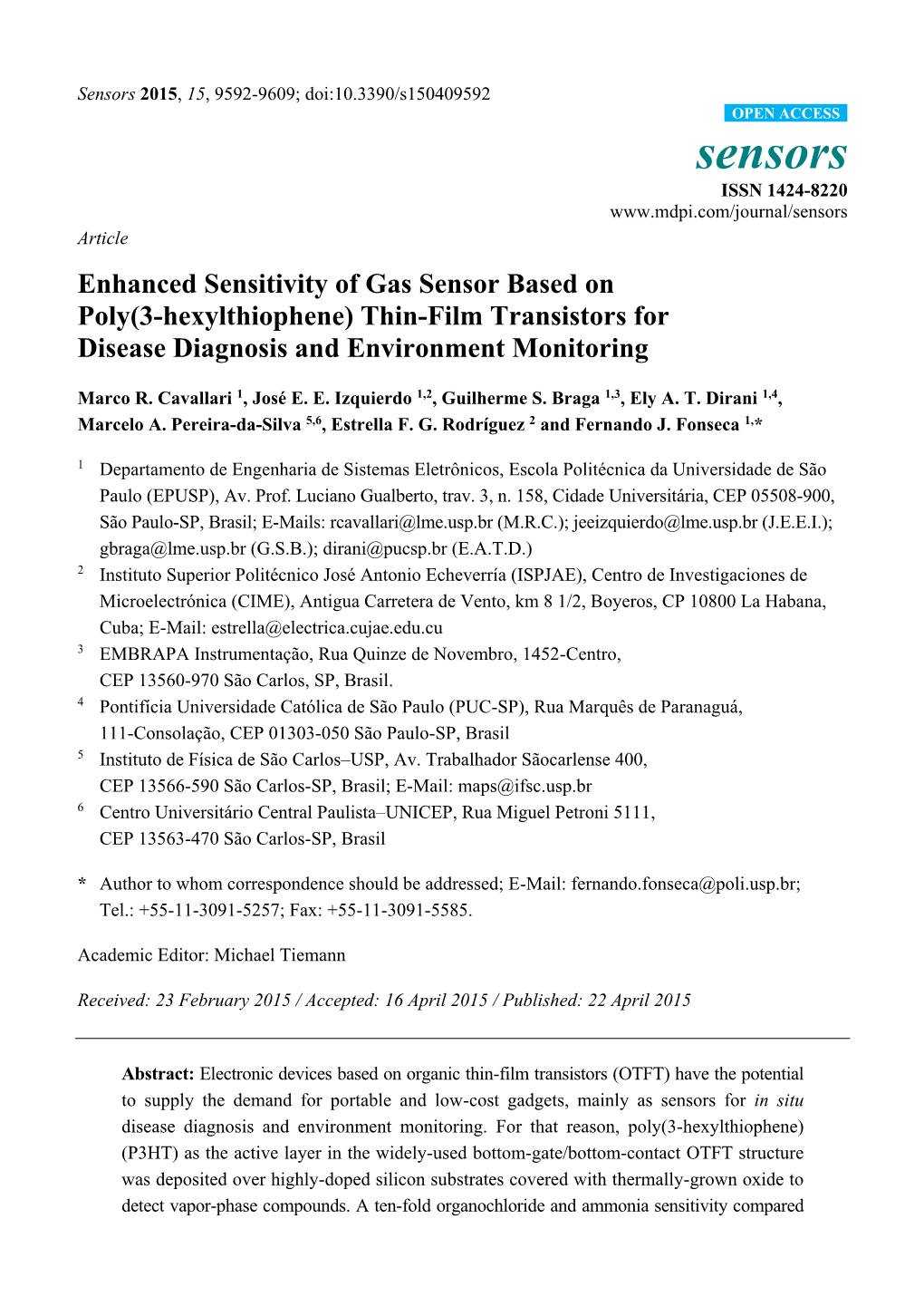 Enhanced Sensitivity of Gas Sensor Based on Poly(3-Hexylthiophene) Thin-Film Transistors for Disease Diagnosis and Environment Monitoring