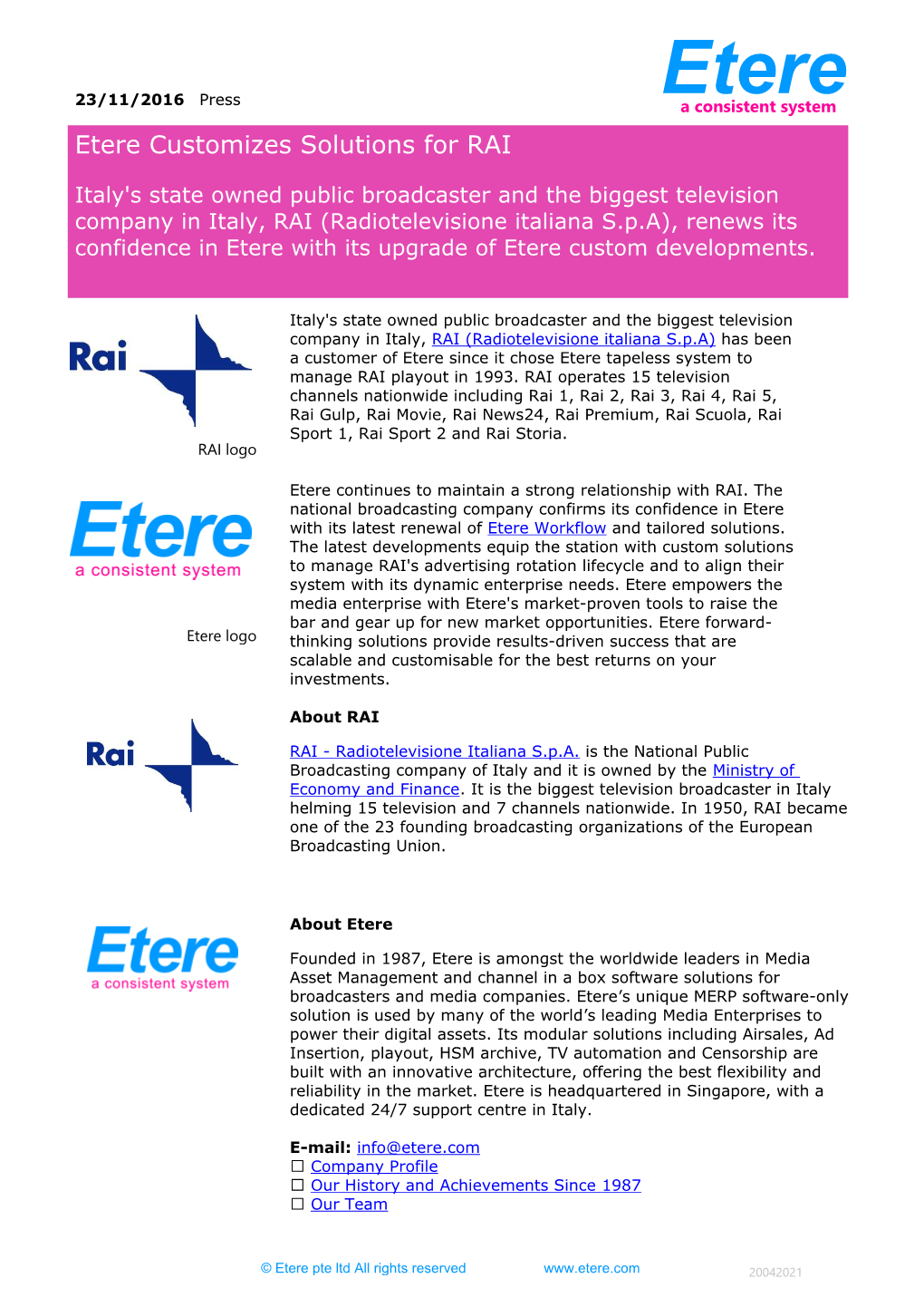 Etere Customizes Solutions for RAI