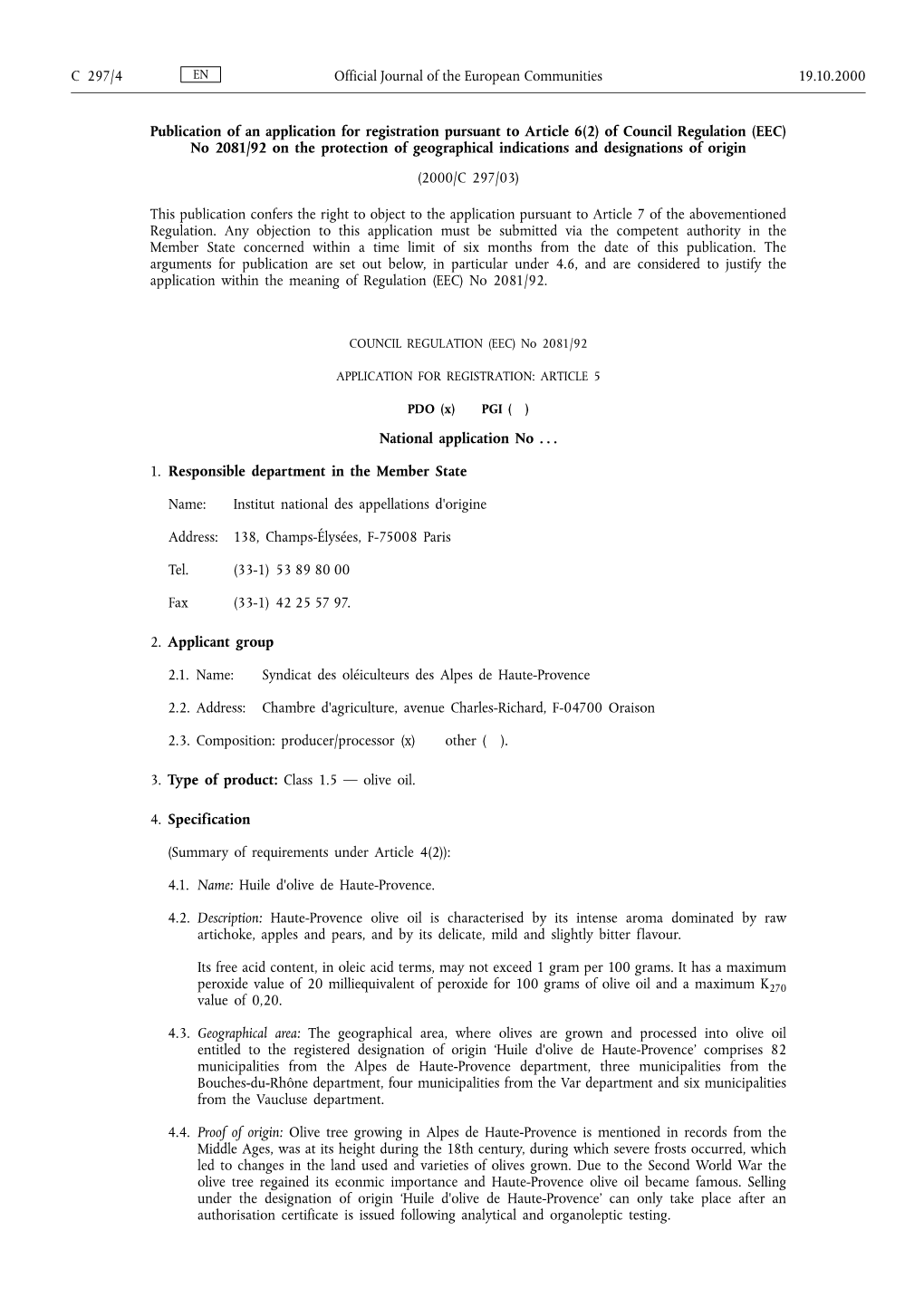 Of Council Regulation (EEC) No 2081/92 on the Protection of Geographical Indications and Designations of Origin