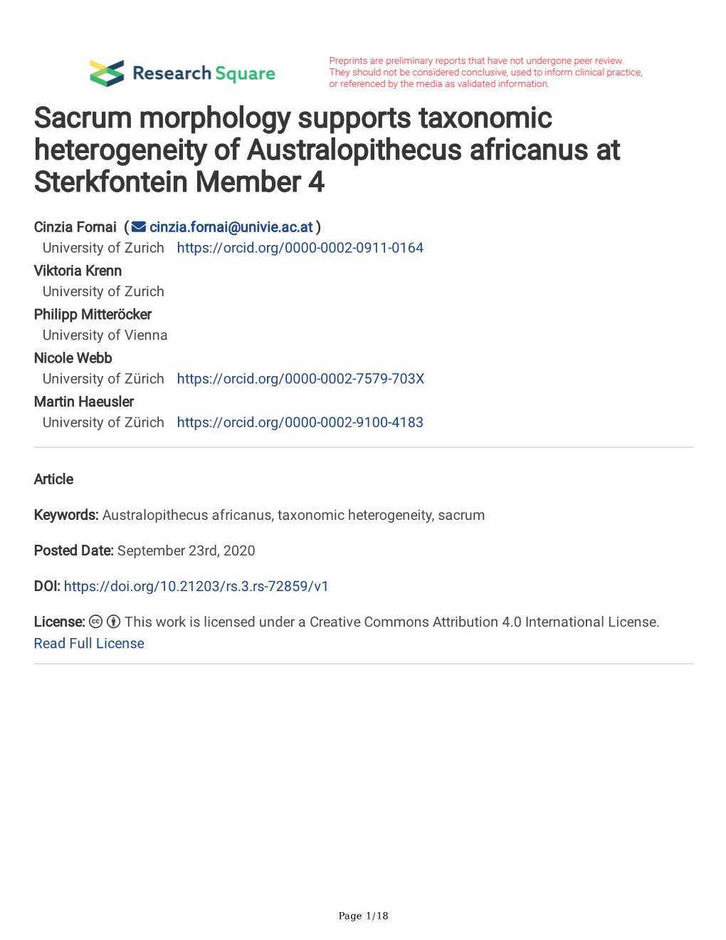 Sacrum Morphology Supports Taxonomic Heterogeneity of Australopithecus Africanus at Sterkfontein Member 4