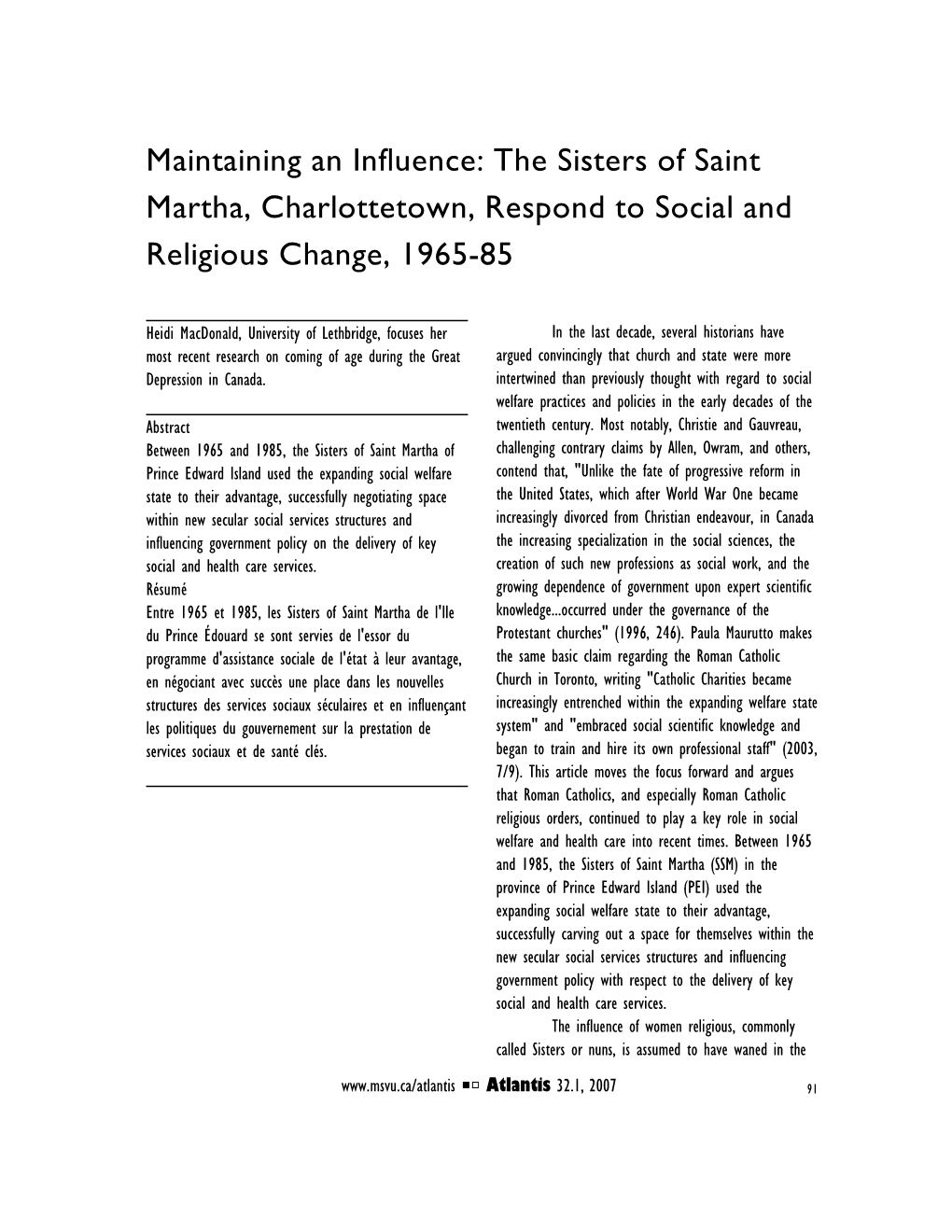 The Sisters of Saint Martha, Charlottetown, Respond to Social and Religious Change, 1965-85