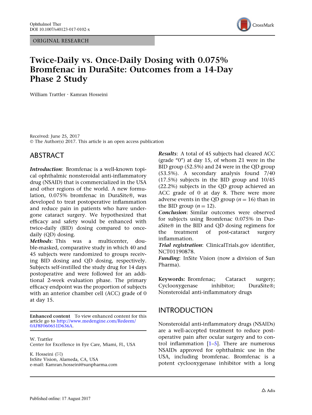 Twice-Daily Vs. Once-Daily Dosing with 0.075% Bromfenac in Durasite: Outcomes from a 14-Day Phase 2 Study