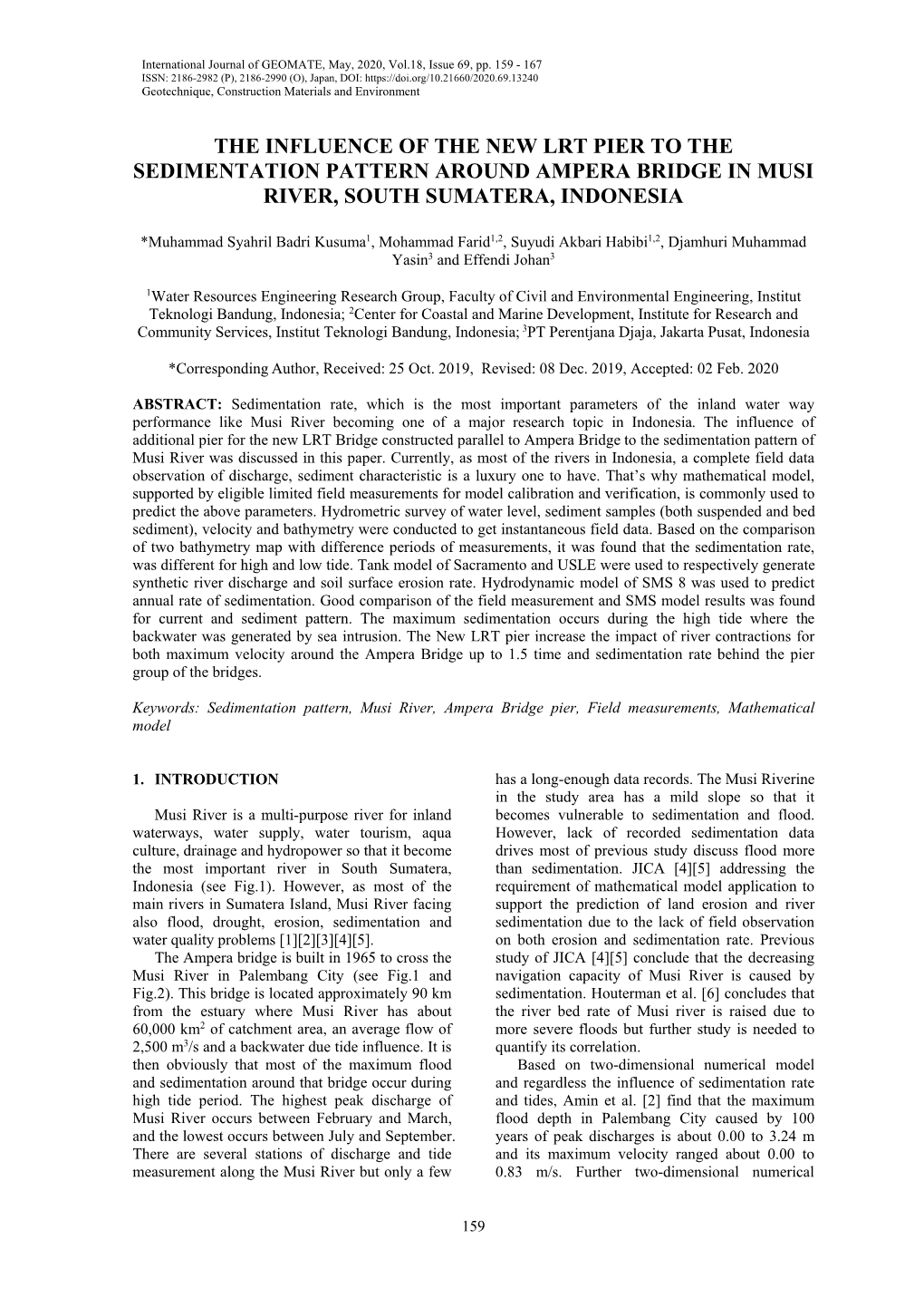 The Influence of the New Lrt Pier to the Sedimentation Pattern Around Ampera Bridge in Musi River, South Sumatera, Indonesia