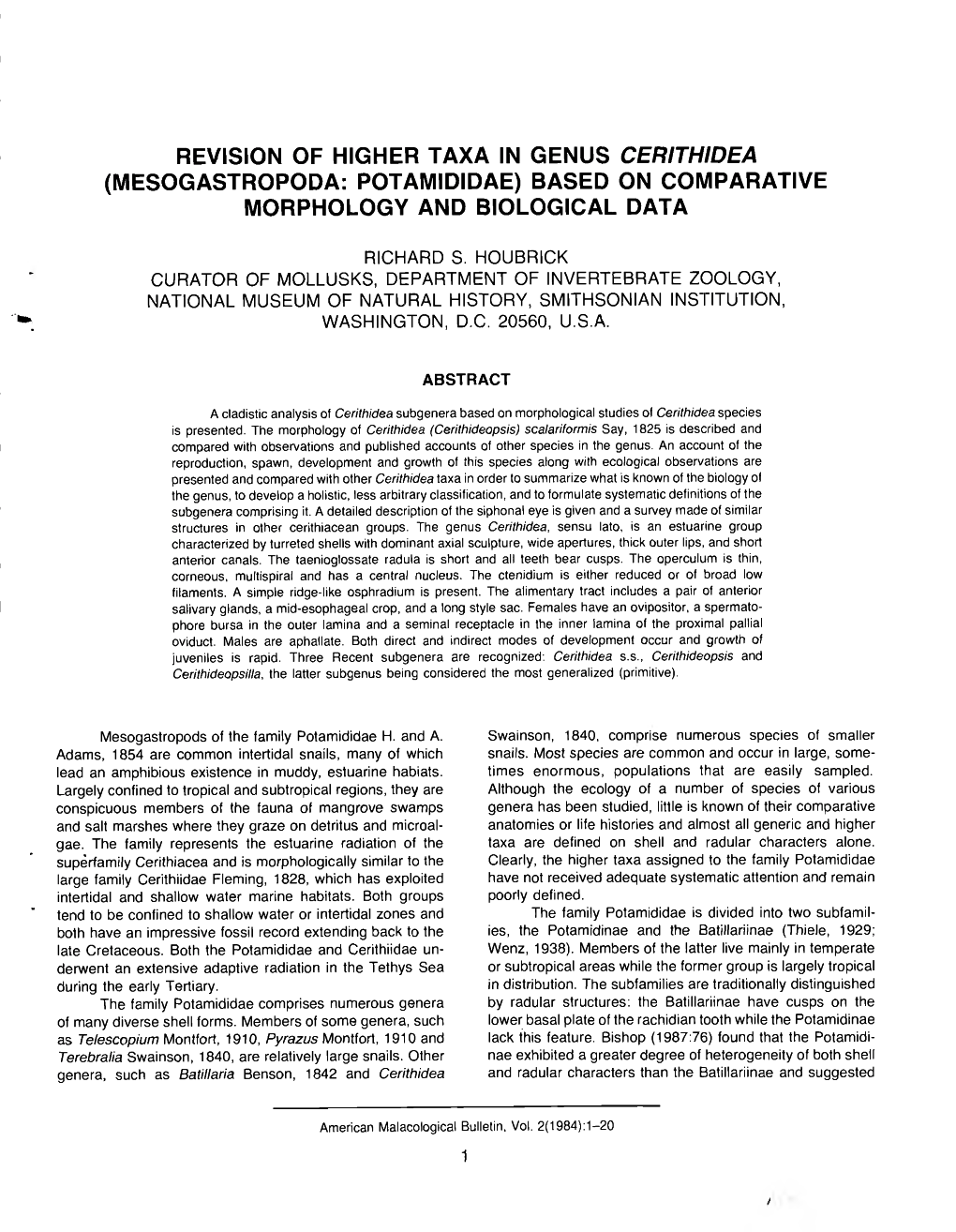 Revision of Higher Taxa in Genus Cerithidea (Mesogastropoda: Potamididae) Based on Comparative Morphology and Biological Data