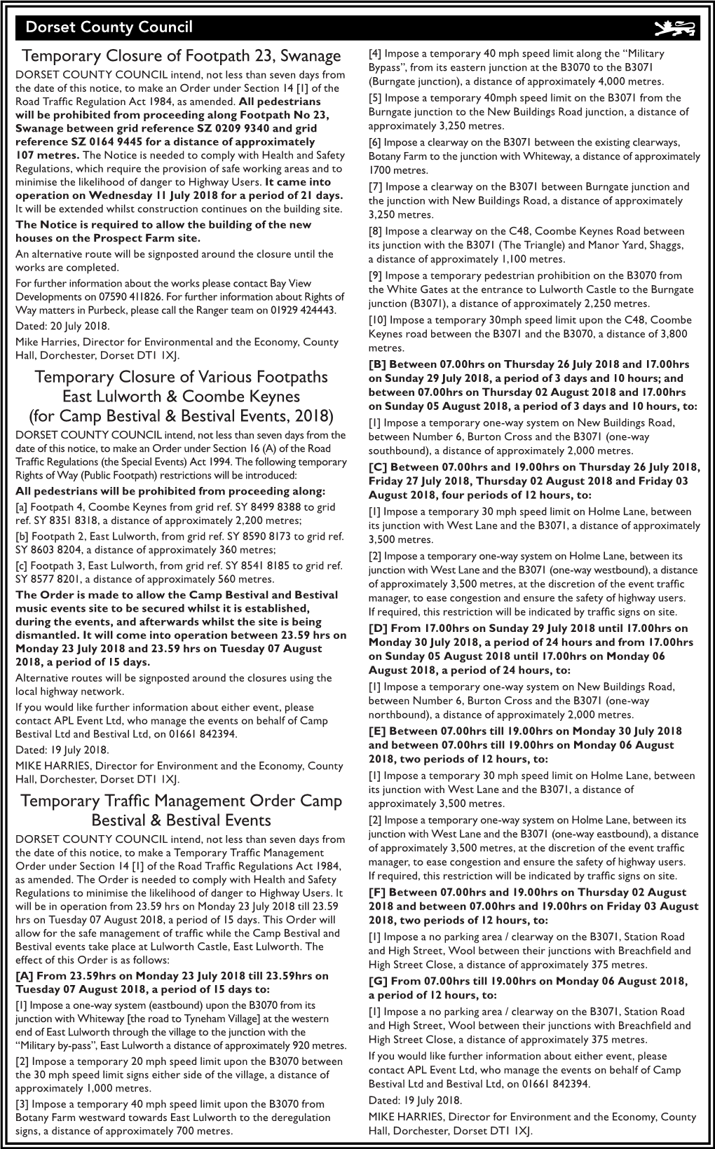 Temporary Closure of Footpath 23, Swanage Temporary Closure Of