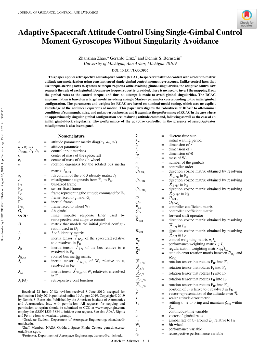 Adaptive Spacecraft Attitude Control Using Single-Gimbal Control Moment Gyroscopes Without Singularity Avoidance