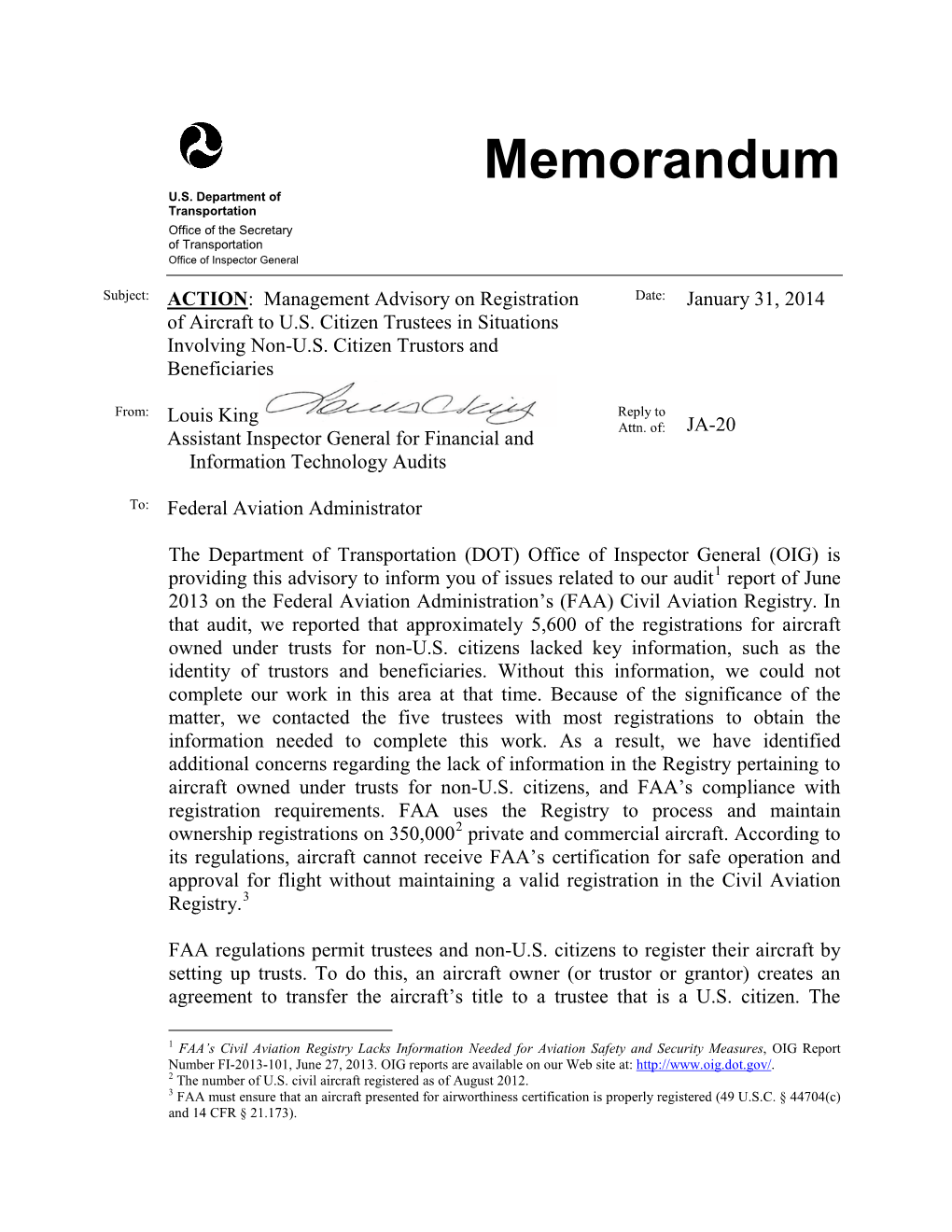 Management Advisory on Registration of Aircraft to U.S. Citizen Trustees