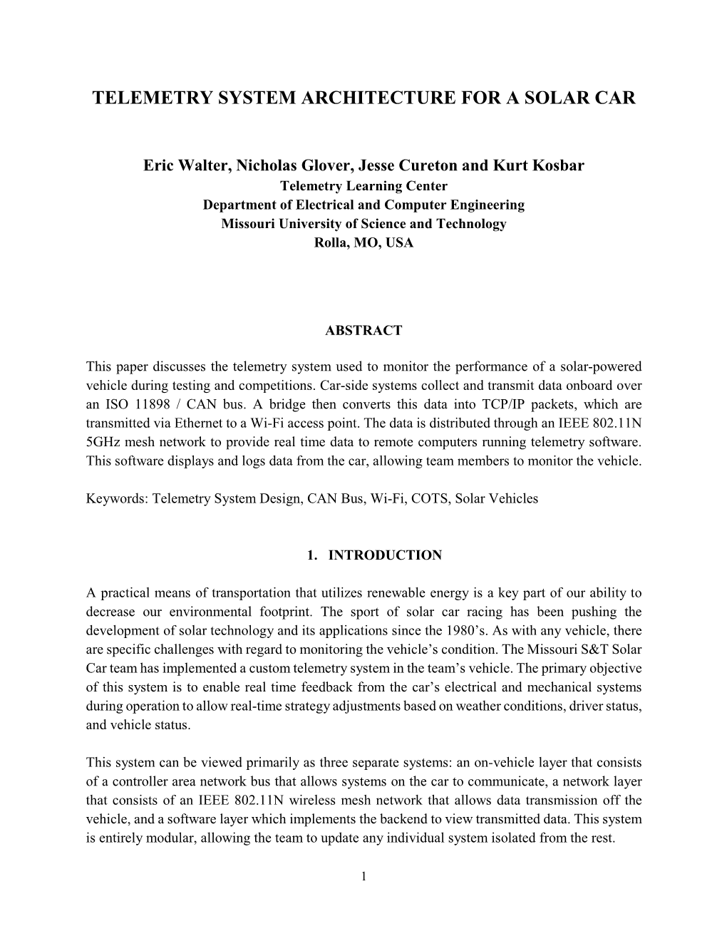 Telemetry System Architecture for a Solar Car