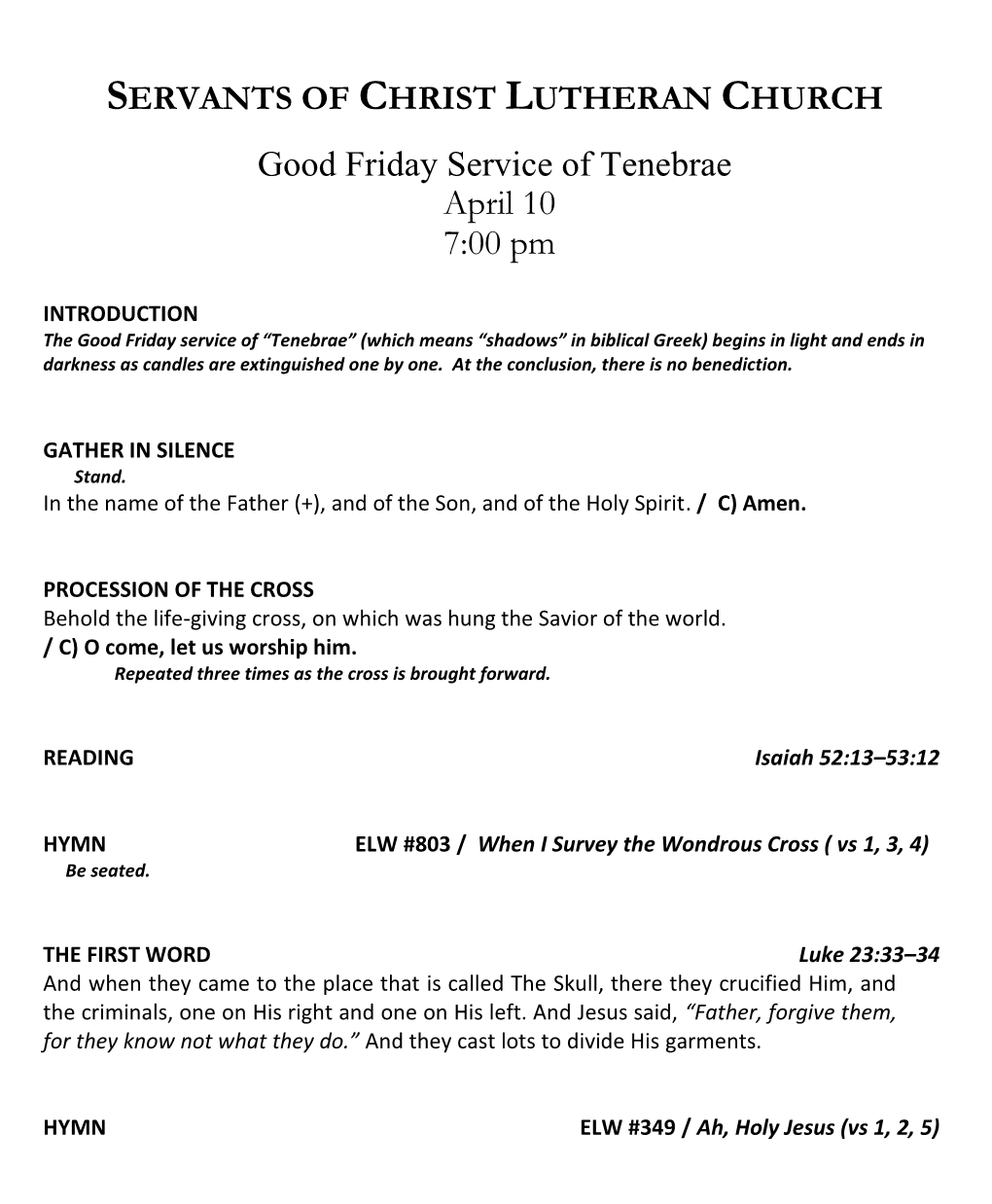 Good Friday Service of Tenebrae April 10 7:00 Pm