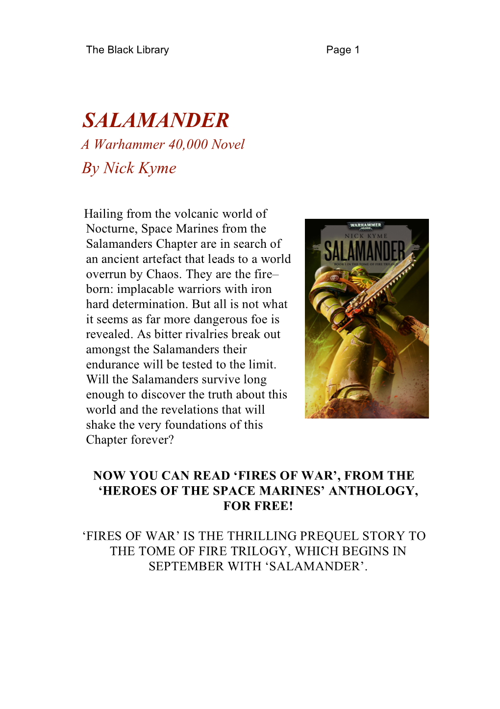 SALAMANDER a Warhammer 40,000 Novel by Nick Kyme