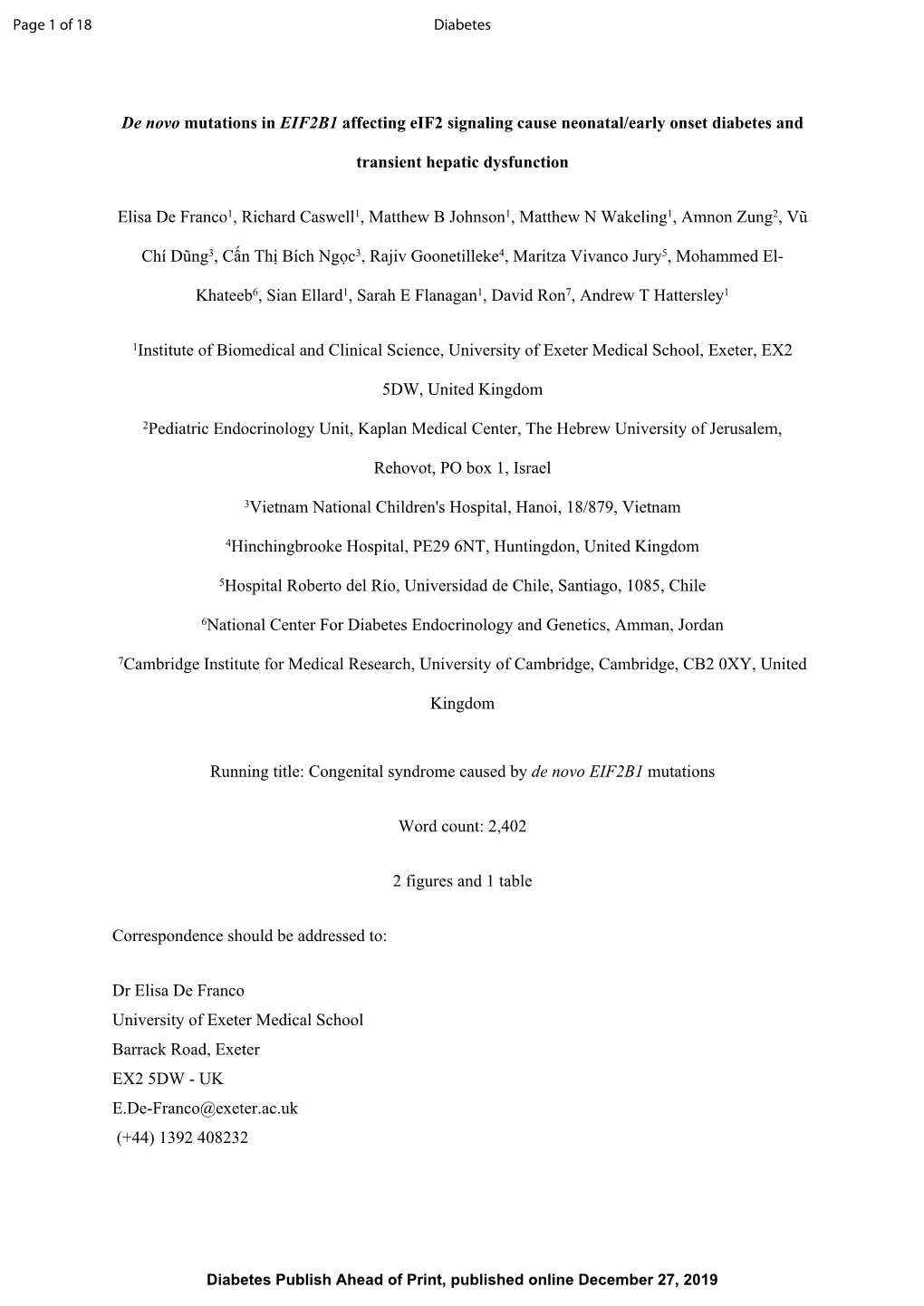 De Novo Mutations in EIF2B1 Affecting Eif2 Signaling Cause Neonatal/Early Onset Diabetes and Transient Hepatic Dysfunction Elisa