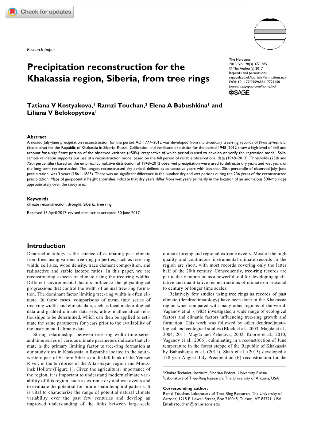 Precipitation Reconstruction for the Khakassia Region, Siberia, from Tree Rings