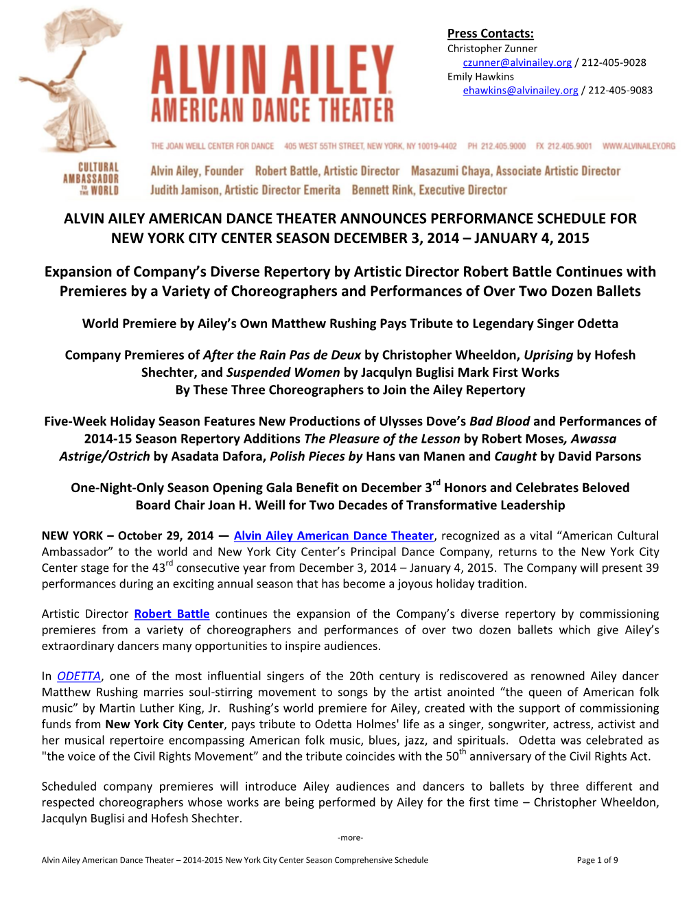 Alvin Ailey American Dance Theater Announces Performance Schedule for New York City Center Season December 3, 2014 – January 4, 2015