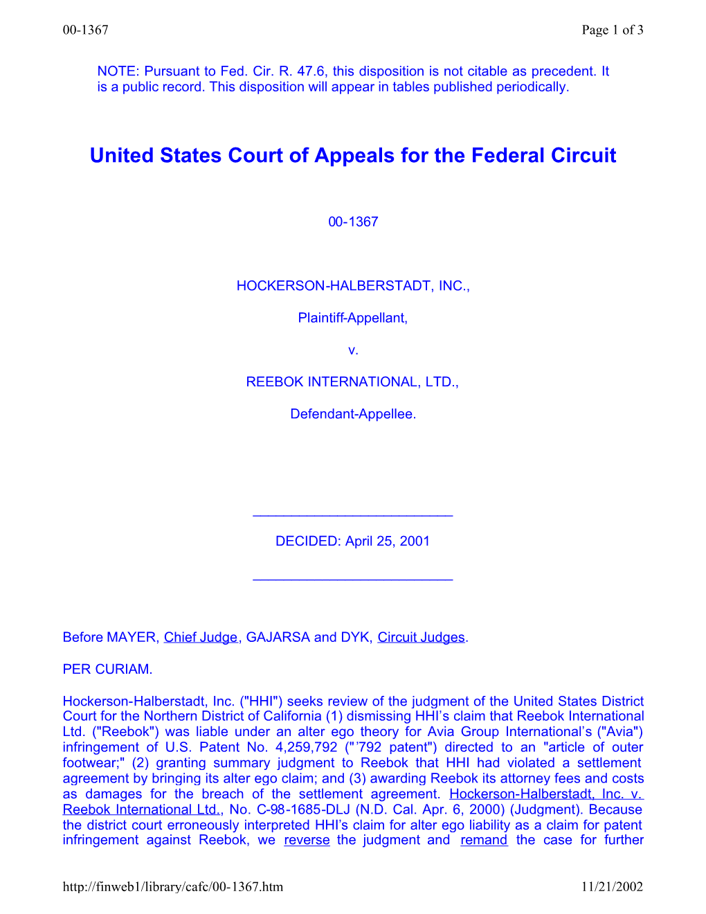 Federal Circuit Court Decisions / Hockerson-Halberstadt V. Reebok