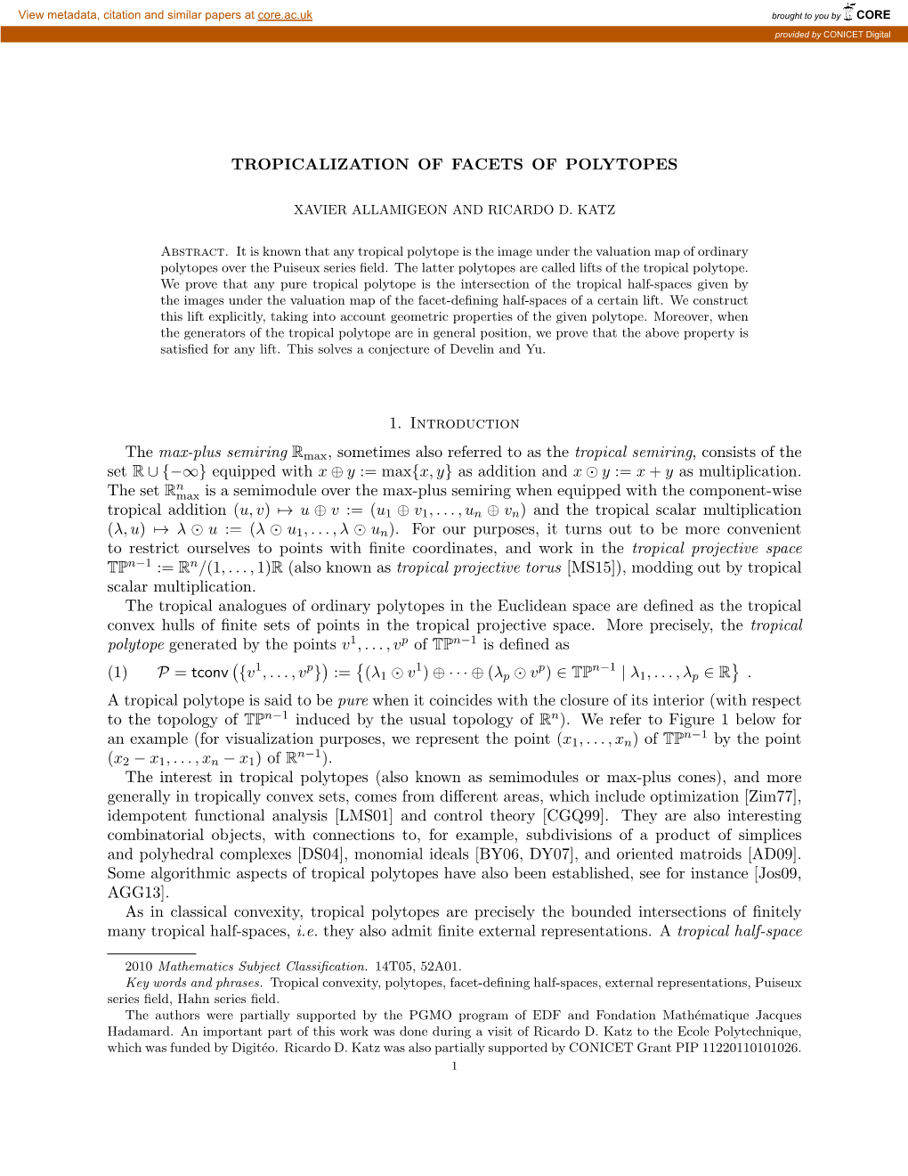 TROPICALIZATION of FACETS of POLYTOPES 1. Introduction The