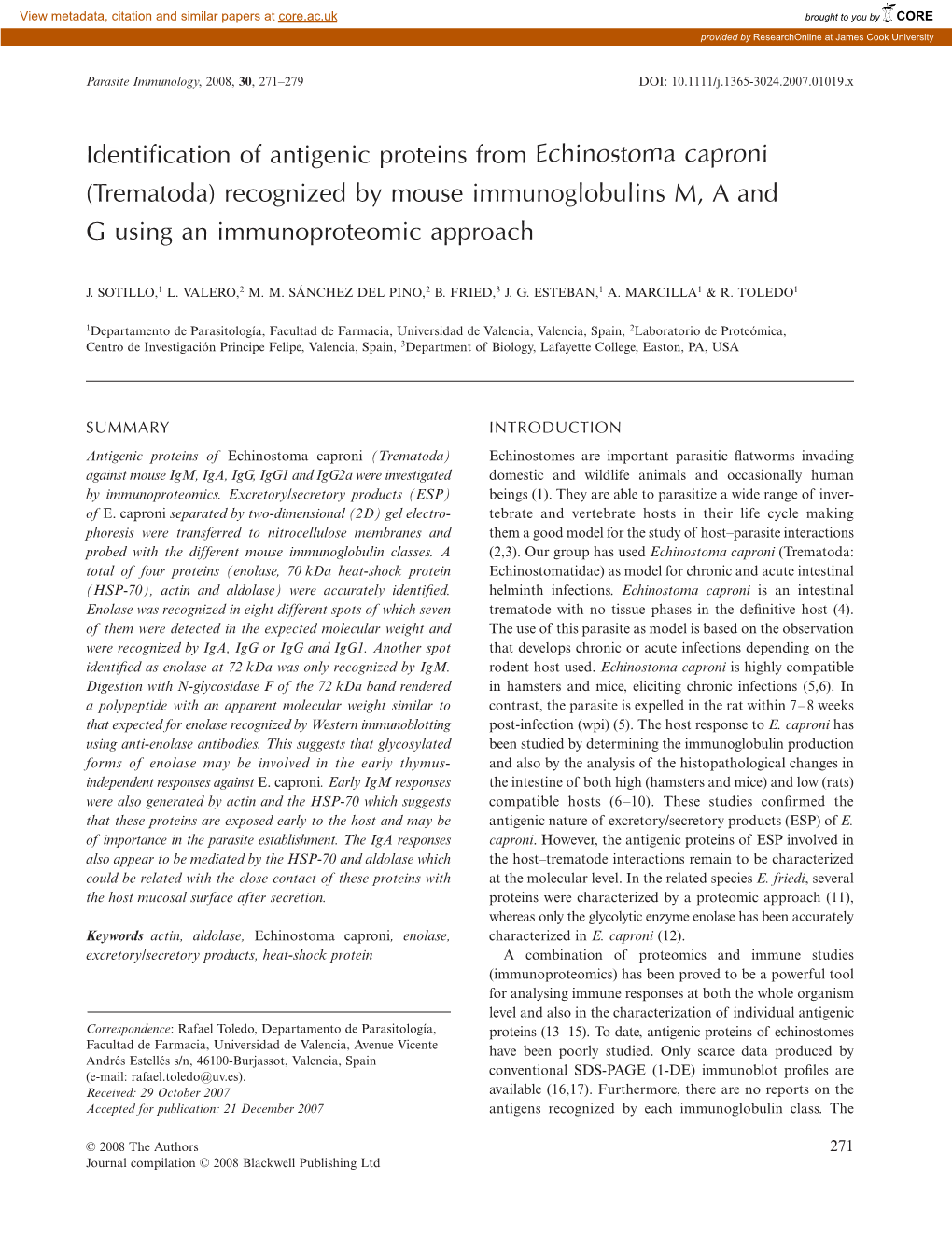 Identification of Antigenic Proteins from Echinostoma Caproni