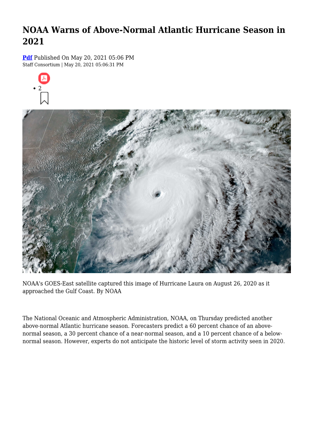 NOAA Warns of Above-Normal Atlantic Hurricane Season in 2021