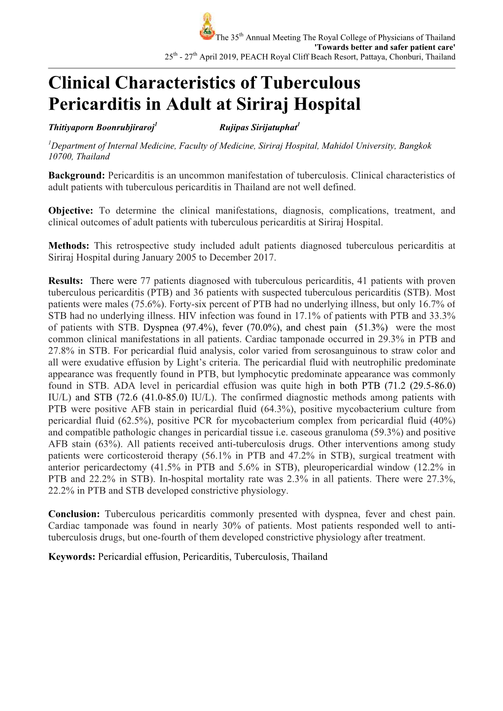 Clinical Characteristics of Tuberculous Pericarditis in Adult at Siriraj Hospital