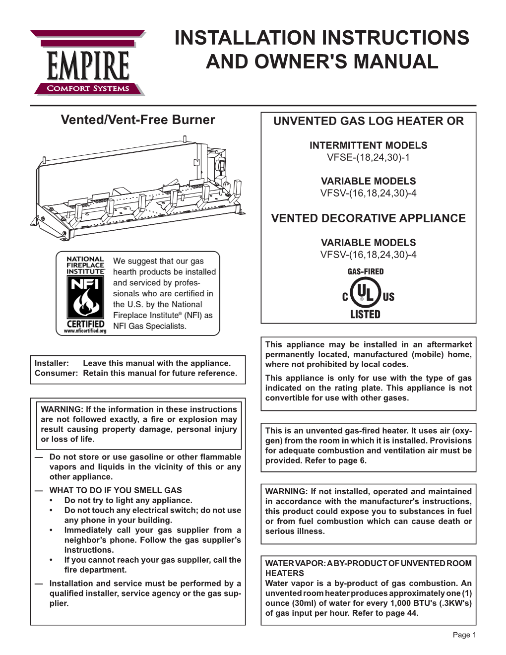 EMPIRE and OWNER's MANUAL Comfort Systems