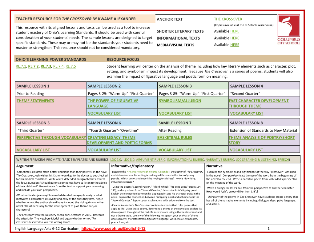 Teacher Resource for the Crossover by Kwame Alexander Anchor Text