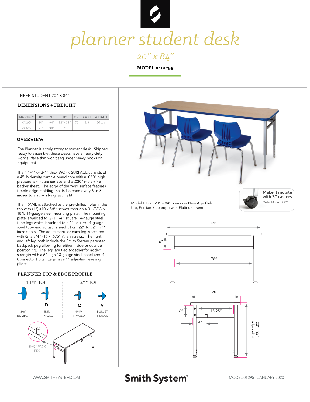 Planner Student Desk 20” X 84” MODEL #: 01295
